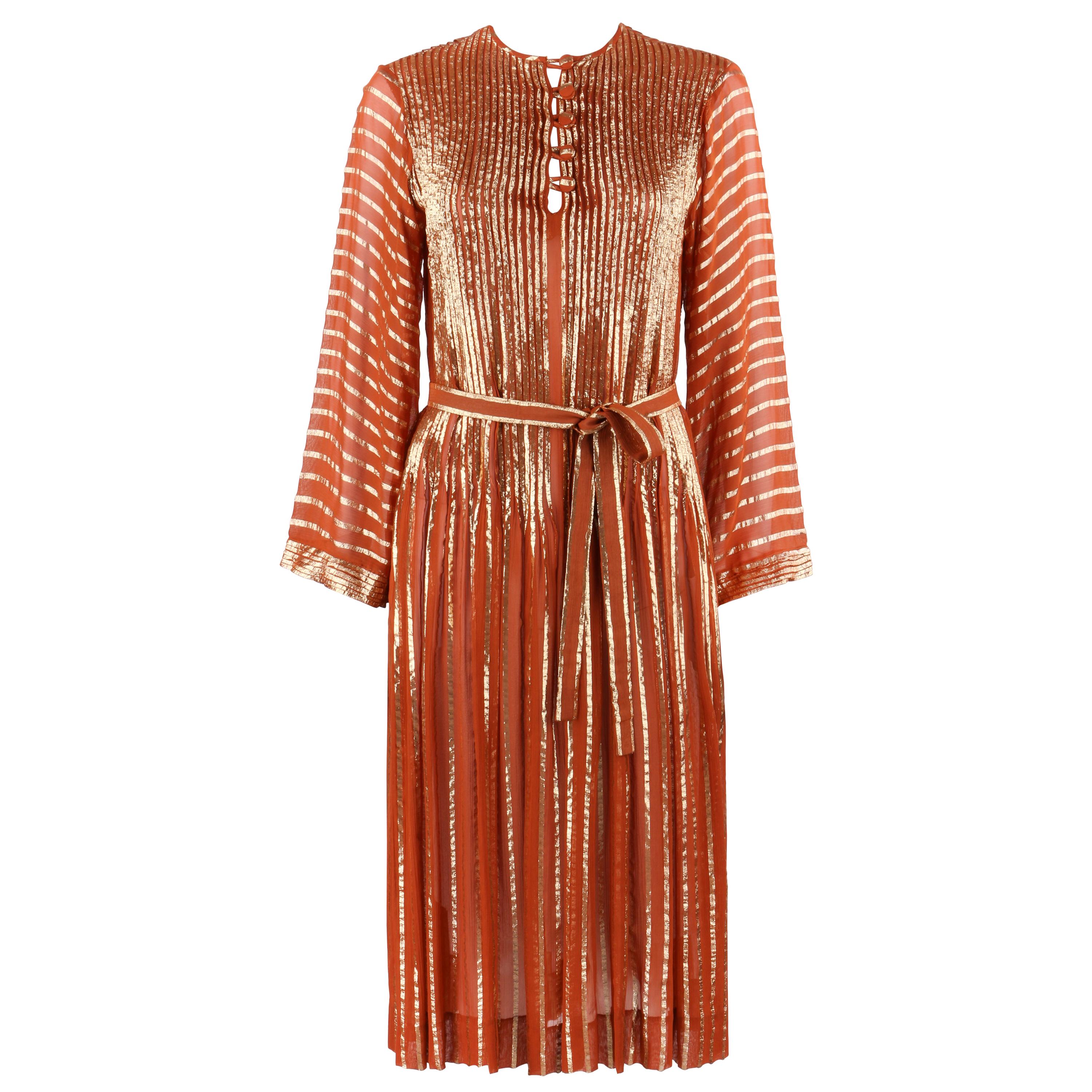 ALBERT NIPON c.1970’s Burnt Orange Gold Metallic Caftan Dress + Belt Sash