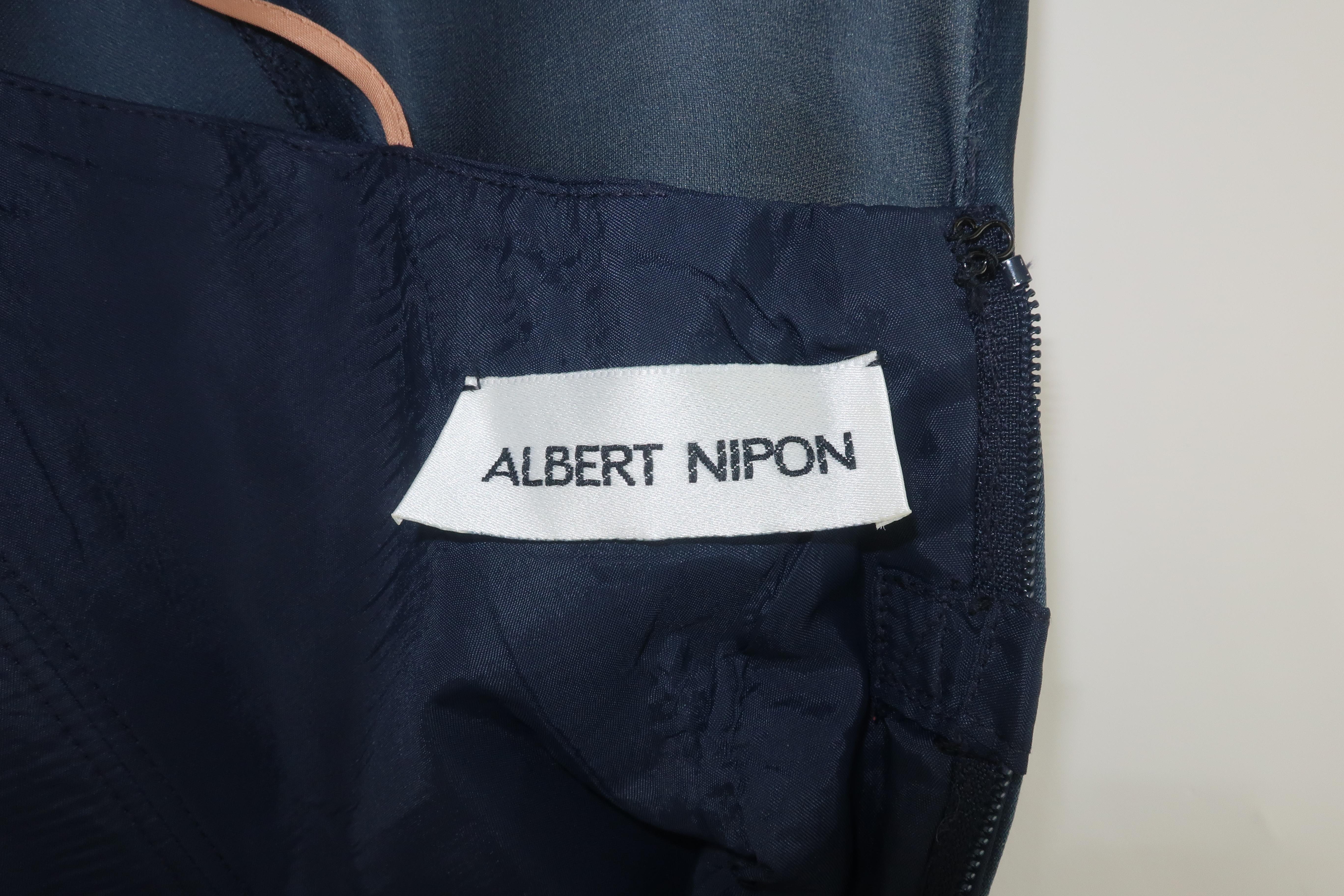 Albert Nipon - Robe de soirée en organza de soie bleu marine avec nœuds dorés, années 1980 en vente 6