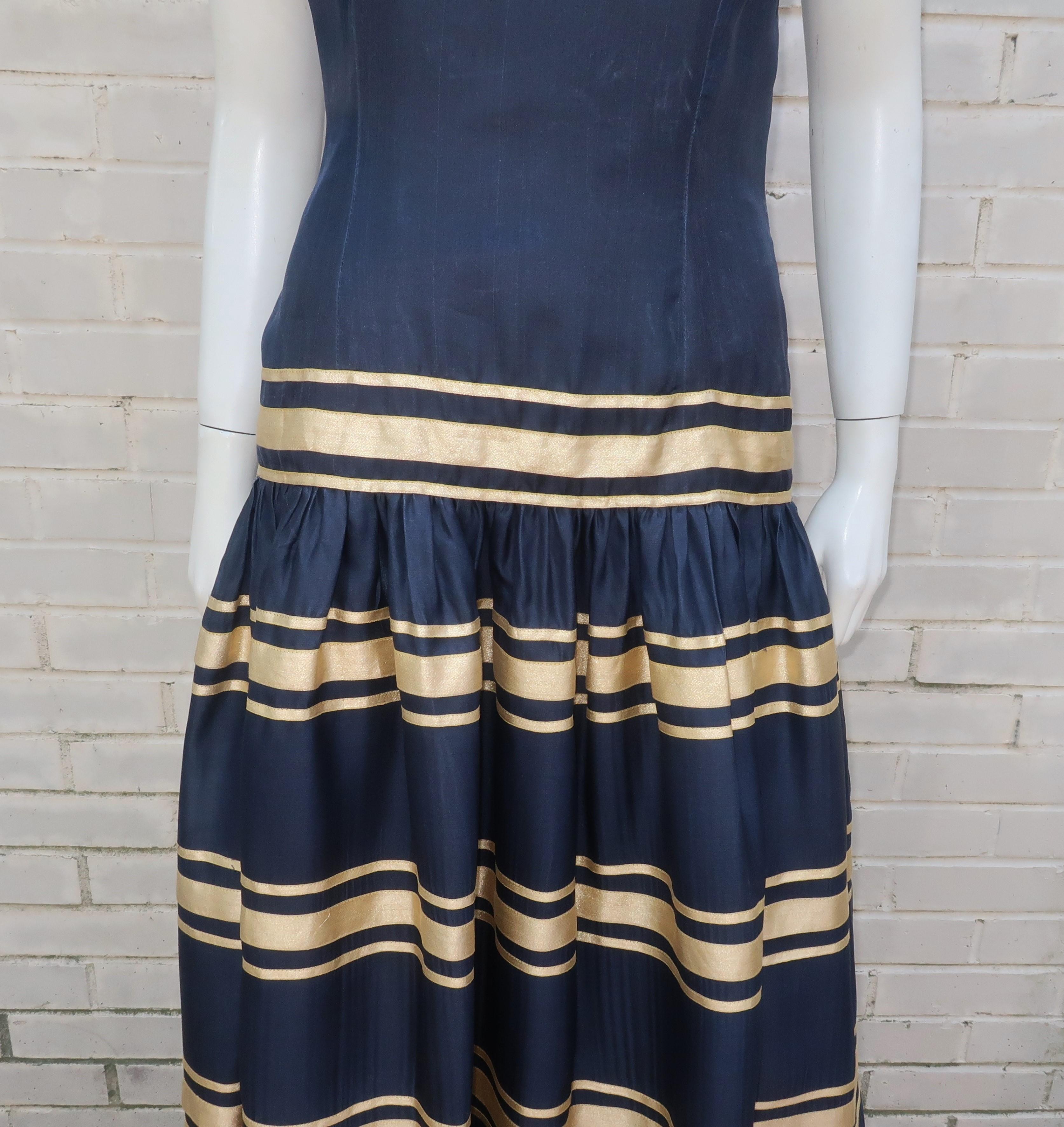 Black Albert Nipon Navy Blue Silk Organza Evening Dress With Gold Bows, 1980's For Sale