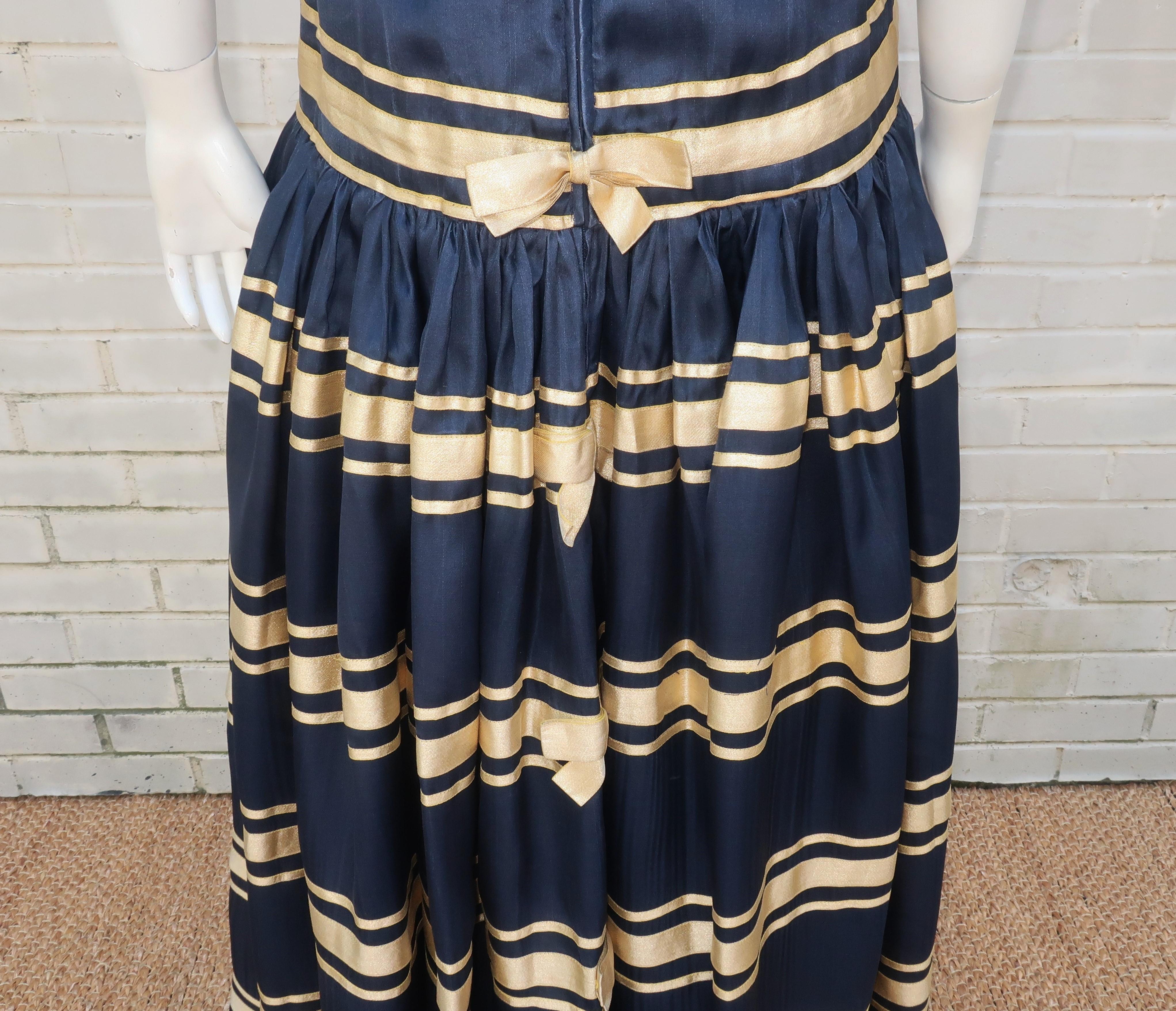 Women's Albert Nipon Navy Blue Silk Organza Evening Dress With Gold Bows, 1980's For Sale