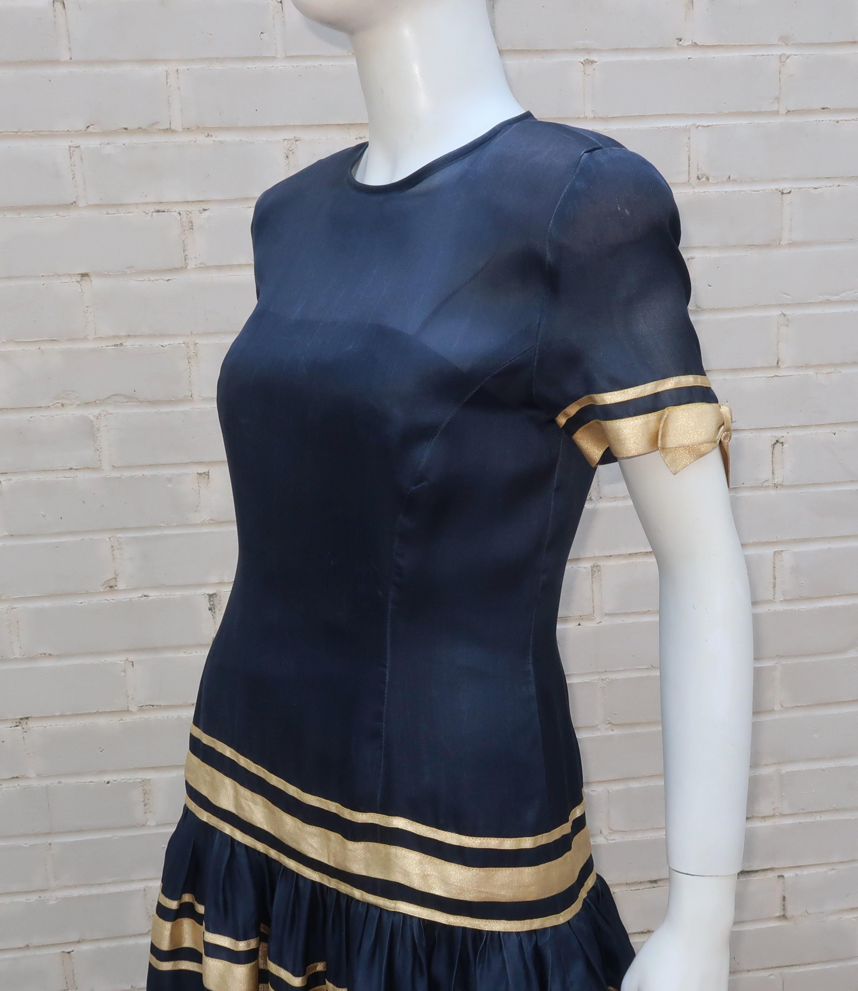 Albert Nipon Navy Blue Silk Organza Evening Dress With Gold Bows, 1980's For Sale 1