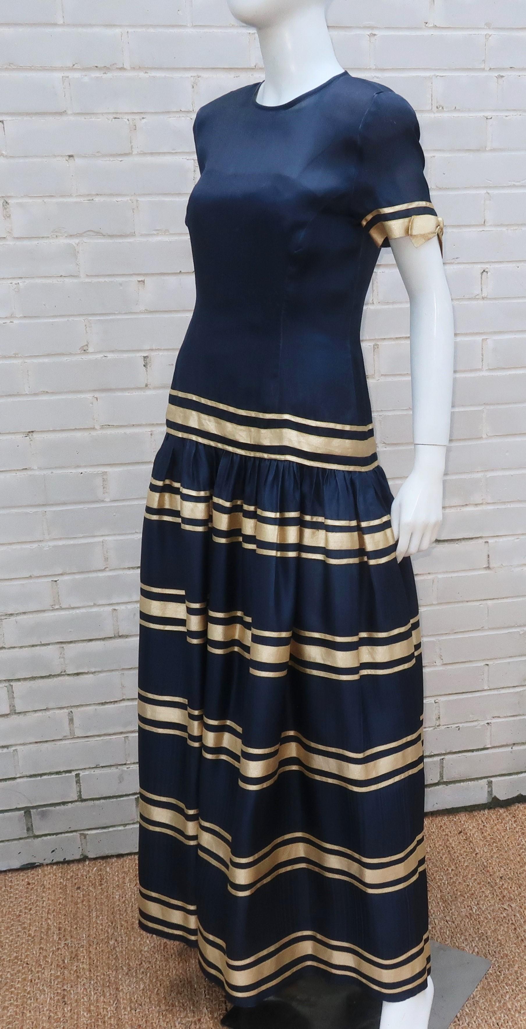 Albert Nipon Navy Blue Silk Organza Evening Dress With Gold Bows, 1980's For Sale 2