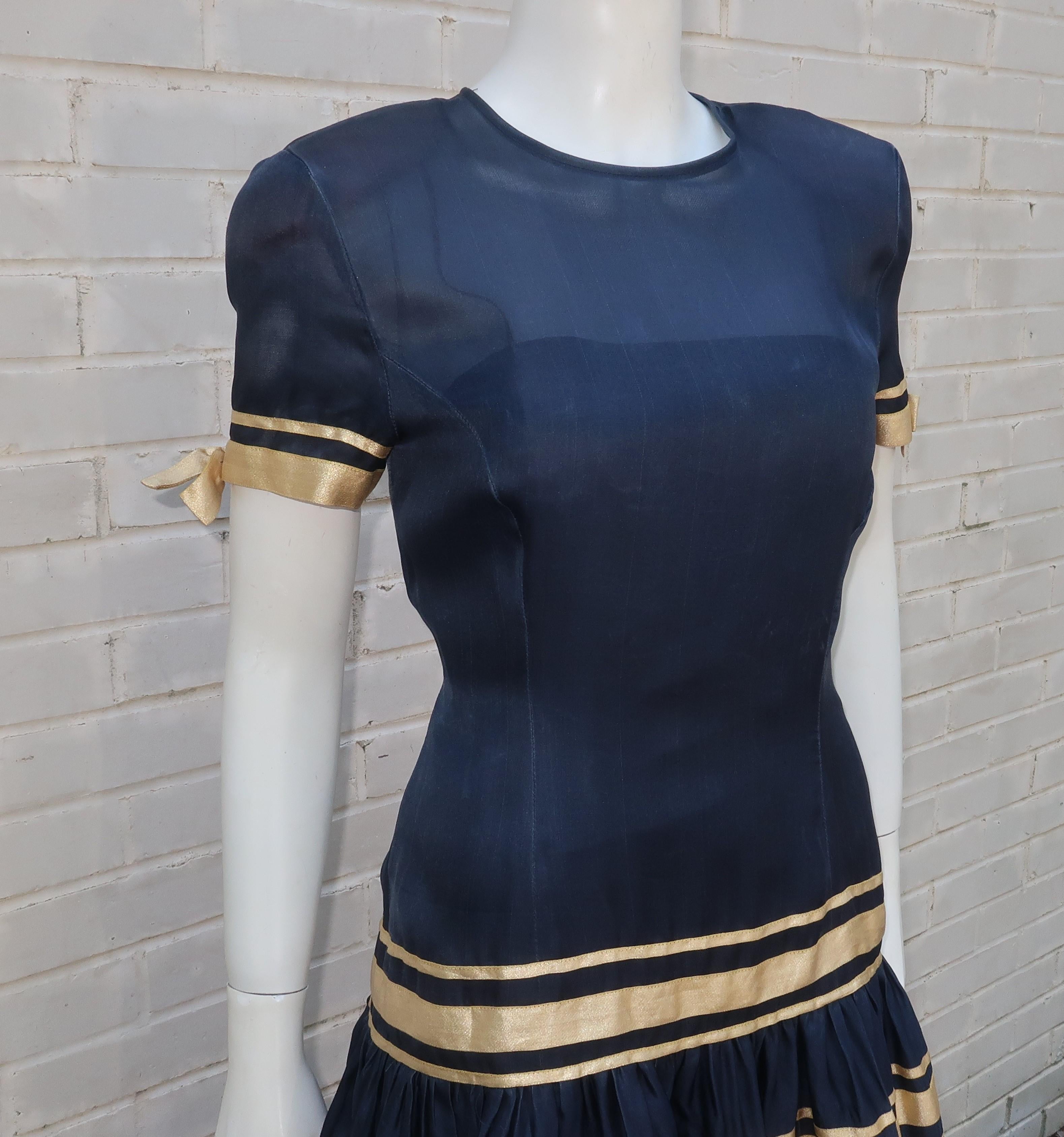 Albert Nipon Navy Blue Silk Organza Evening Dress With Gold Bows, 1980's For Sale 3
