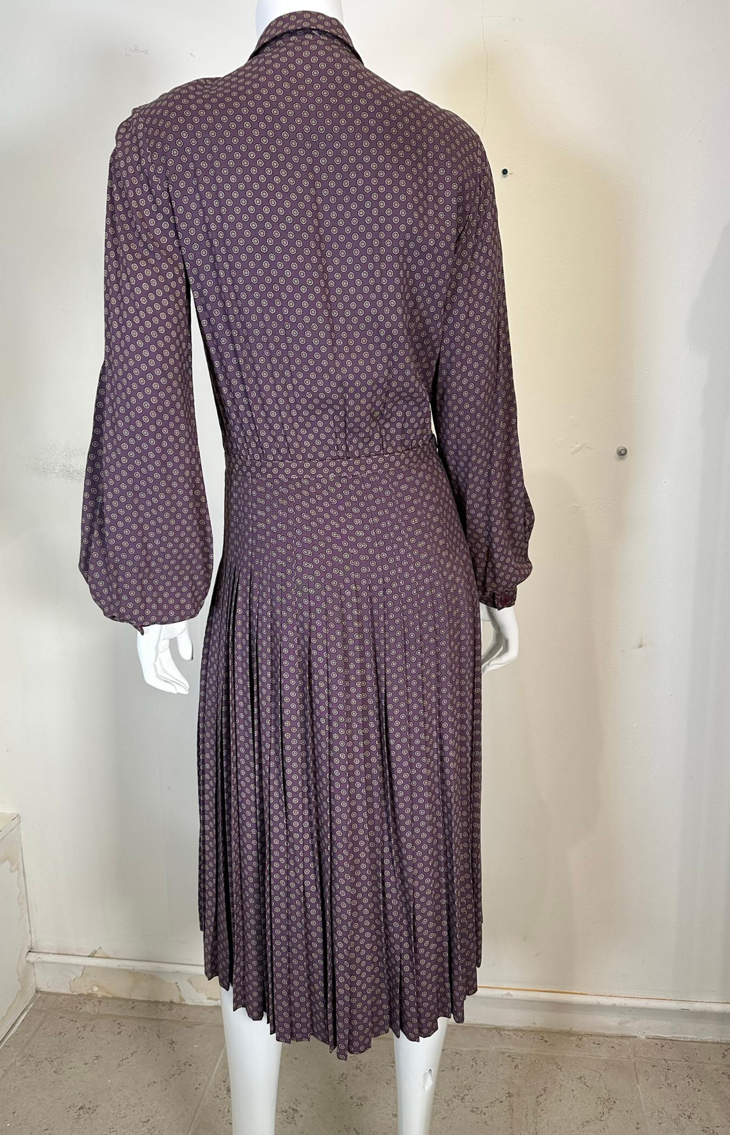 Albert Nipon Plum with Grey Mini Circles Pleated Skirt Shirtwaist Dress 1970s For Sale 4