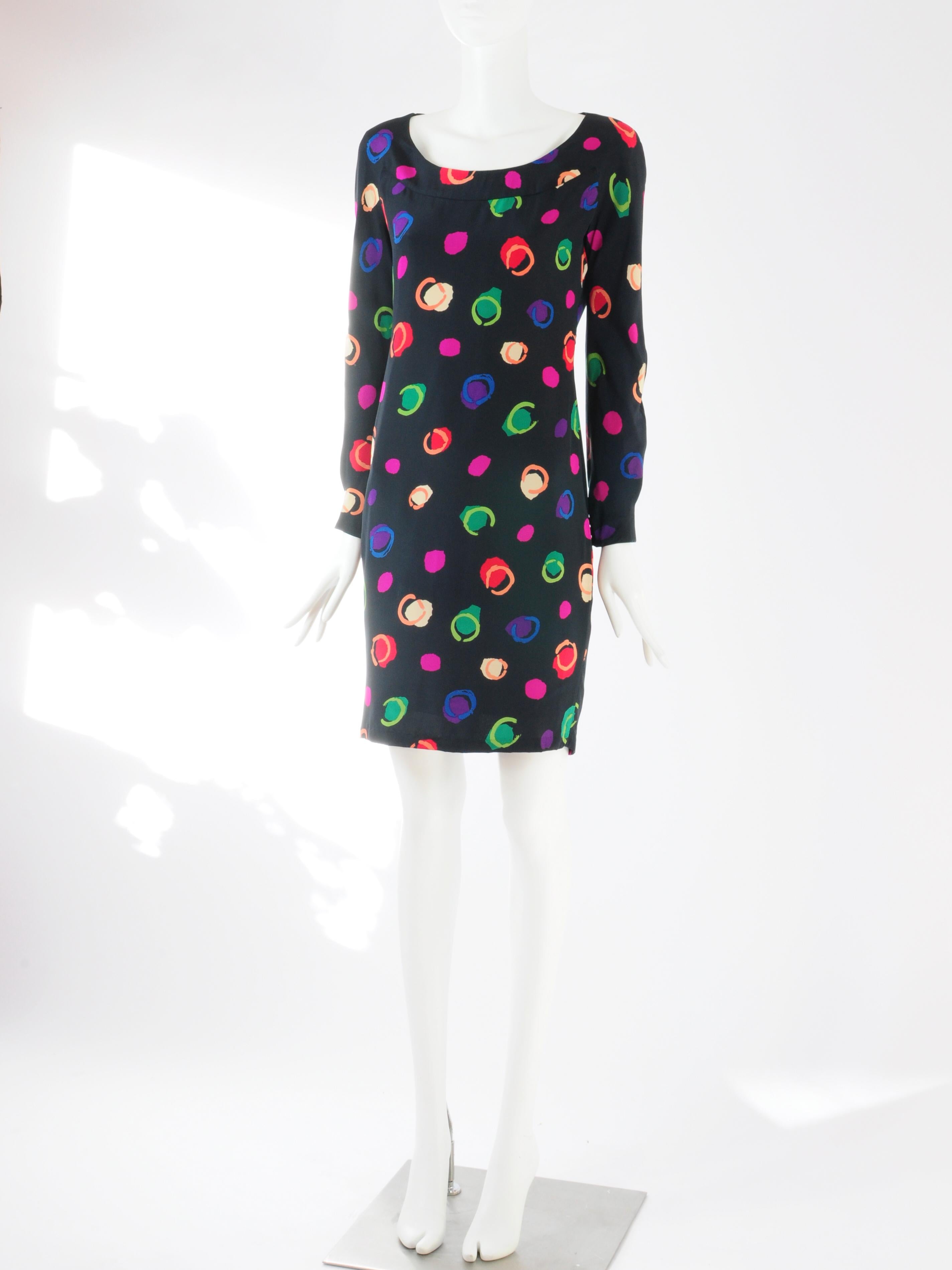 Albert Nipon Silk Pencil Dress with Multicolour Dots 1980s In Good Condition For Sale In AMSTERDAM, NL