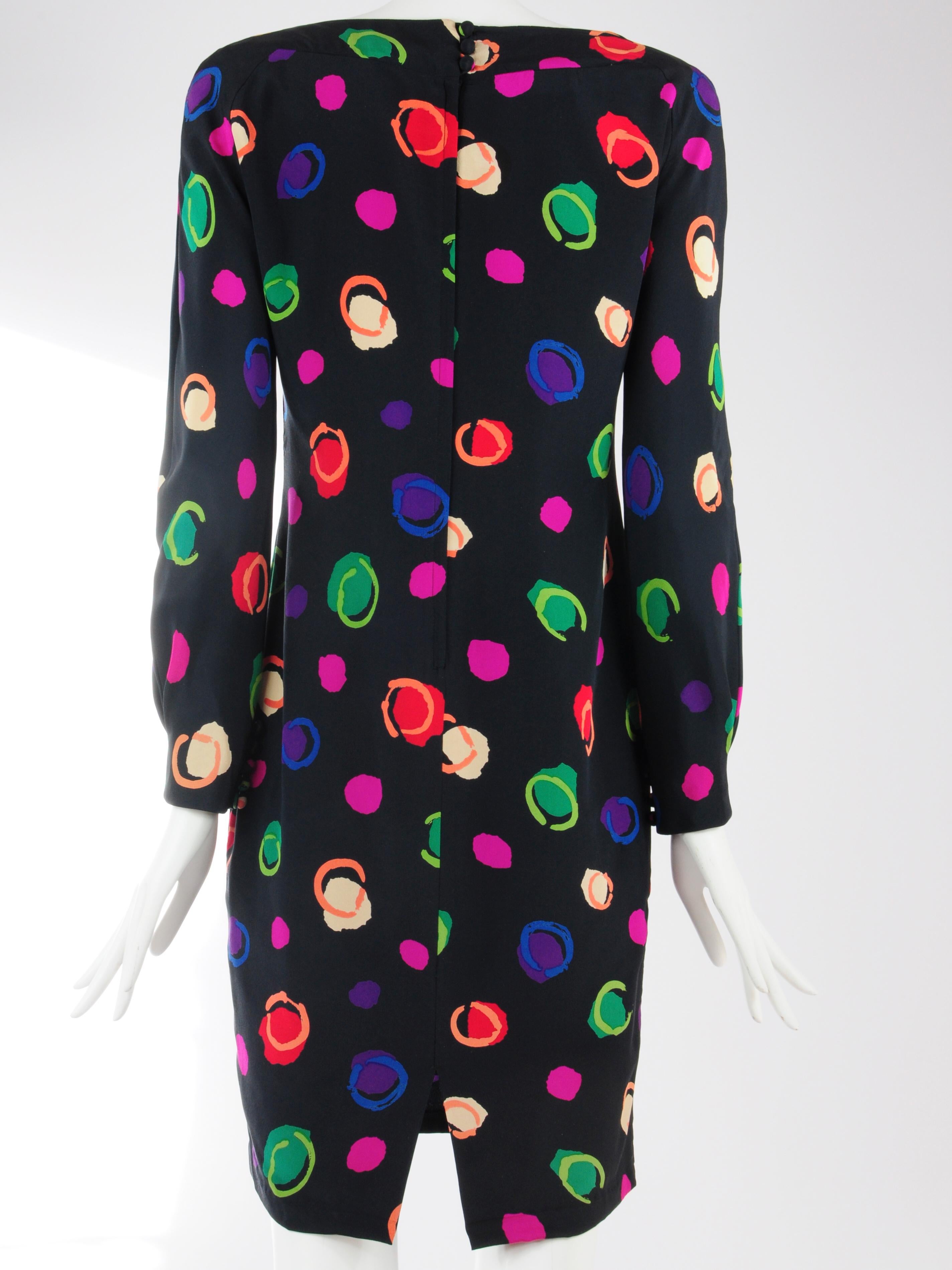 Albert Nipon Silk Pencil Dress with Multicolour Dots 1980s For Sale 2
