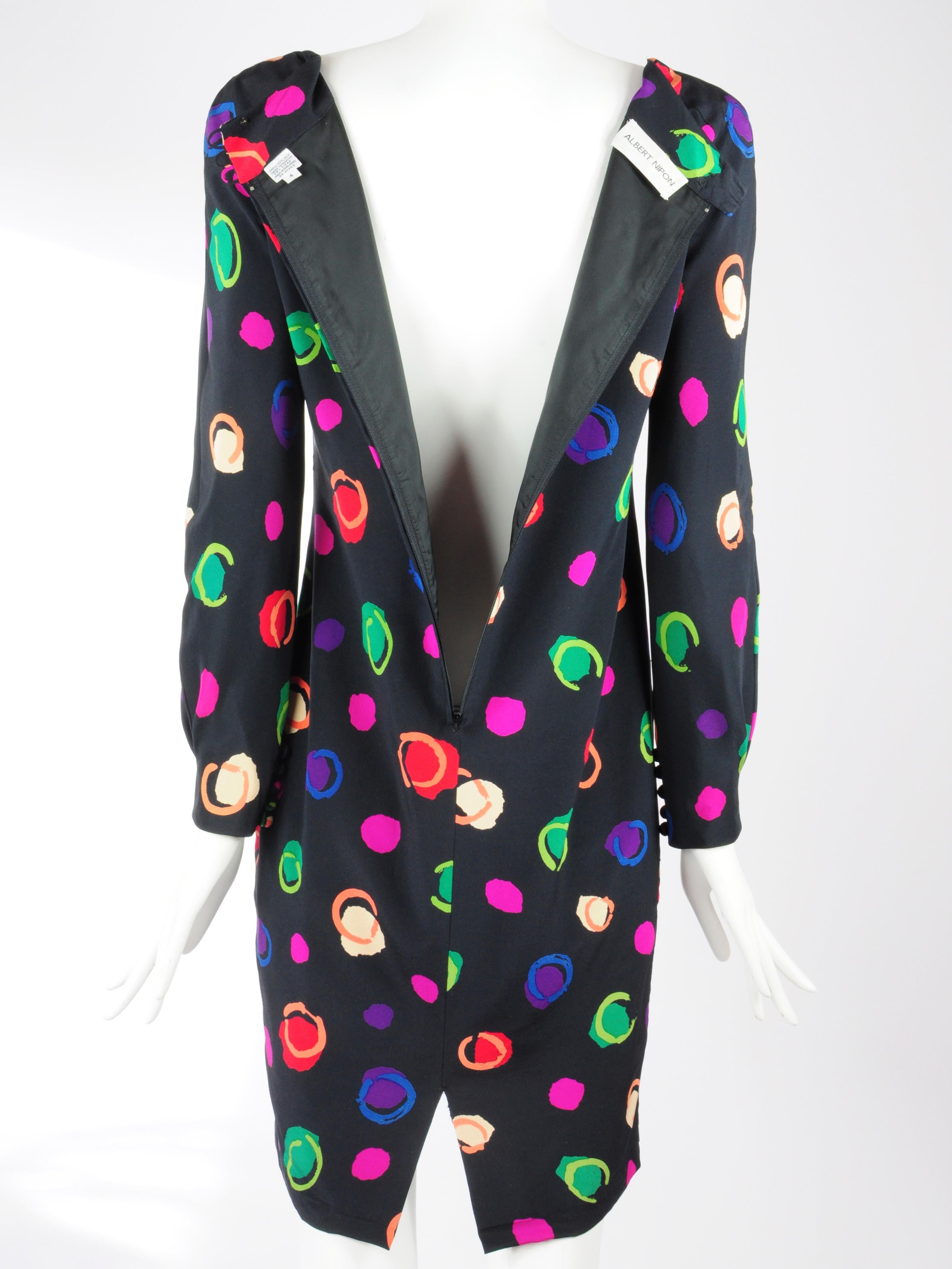 Albert Nipon Silk Pencil Dress with Multicolour Dots 1980s For Sale 5