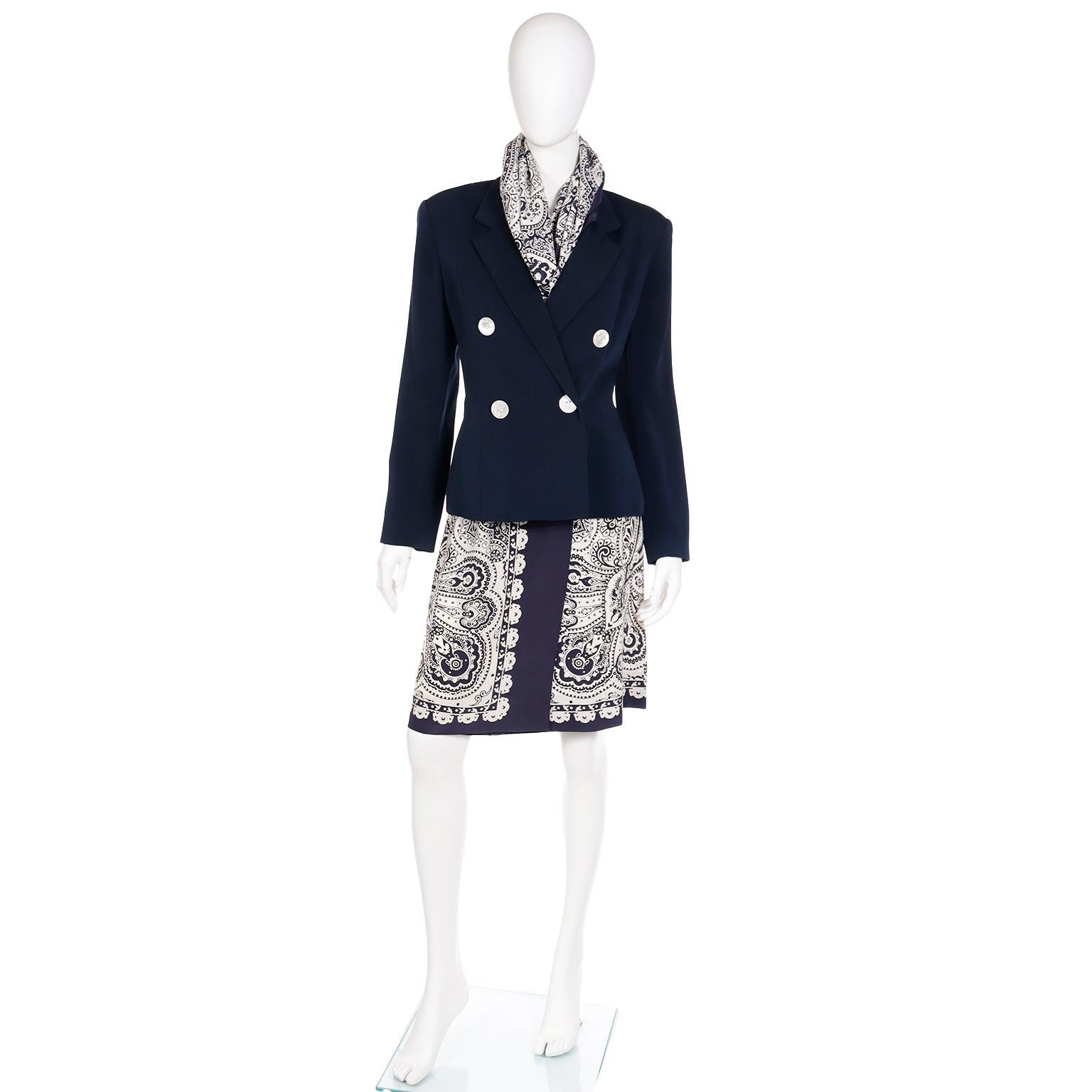 Women's Albert Nipon Vintage 3pc Outfit W Scarf Print Skirt Blazer Jacket and Scarf