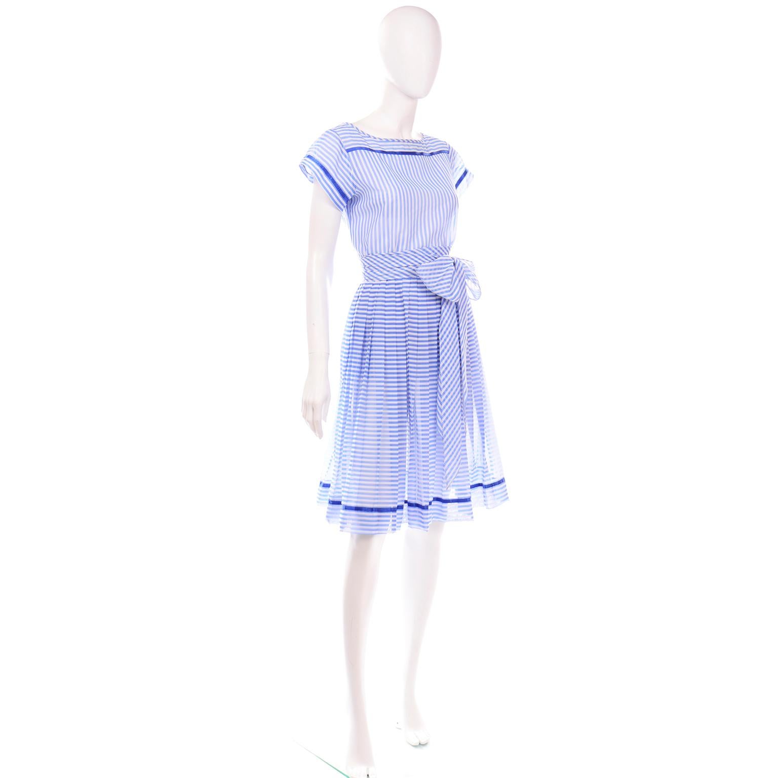 Purple Albert Nipon Vintage Blue & White Striped Cotton 2 pc Dress With Sash Belt