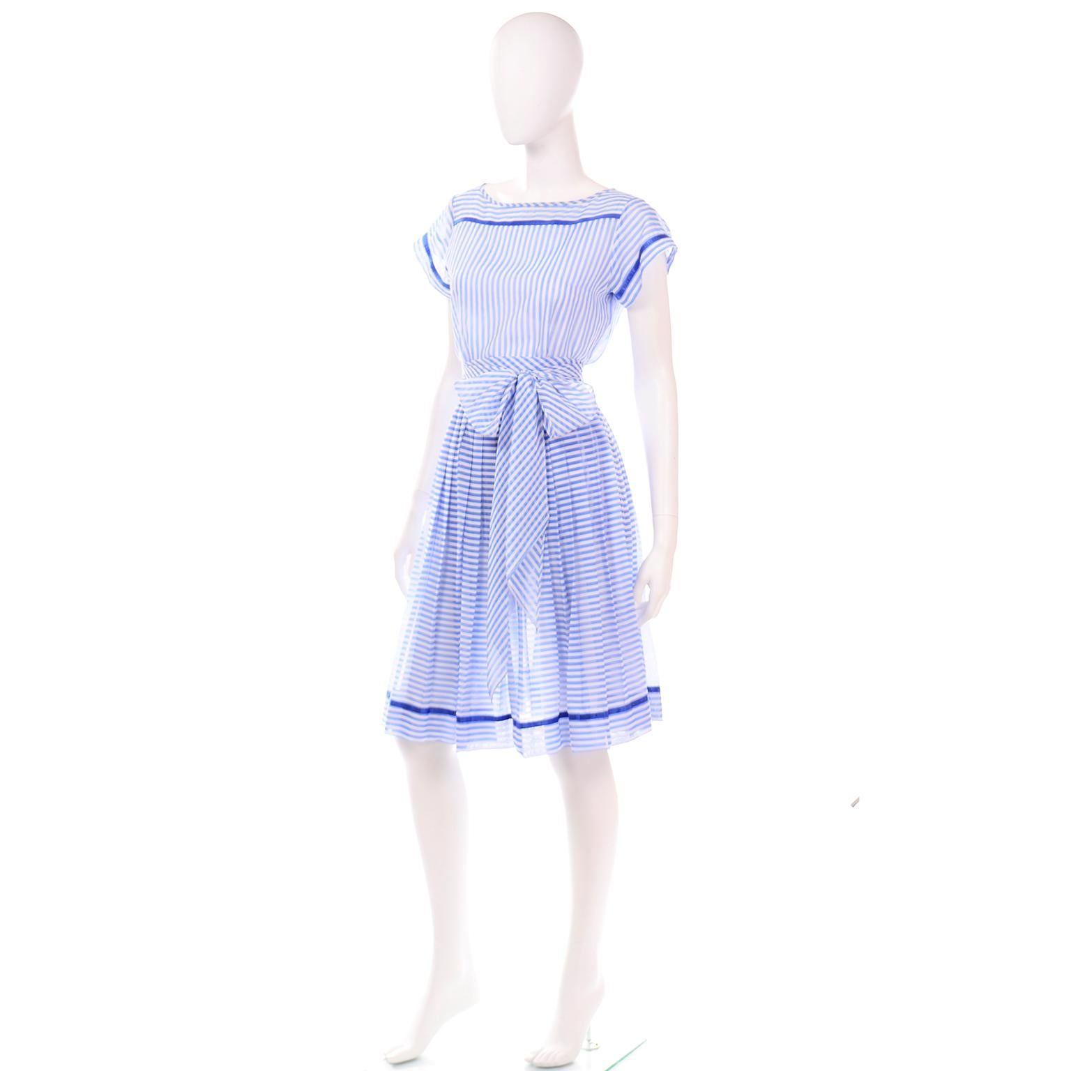 Women's Albert Nipon Vintage Blue & White Striped Cotton 2 pc Dress With Sash Belt