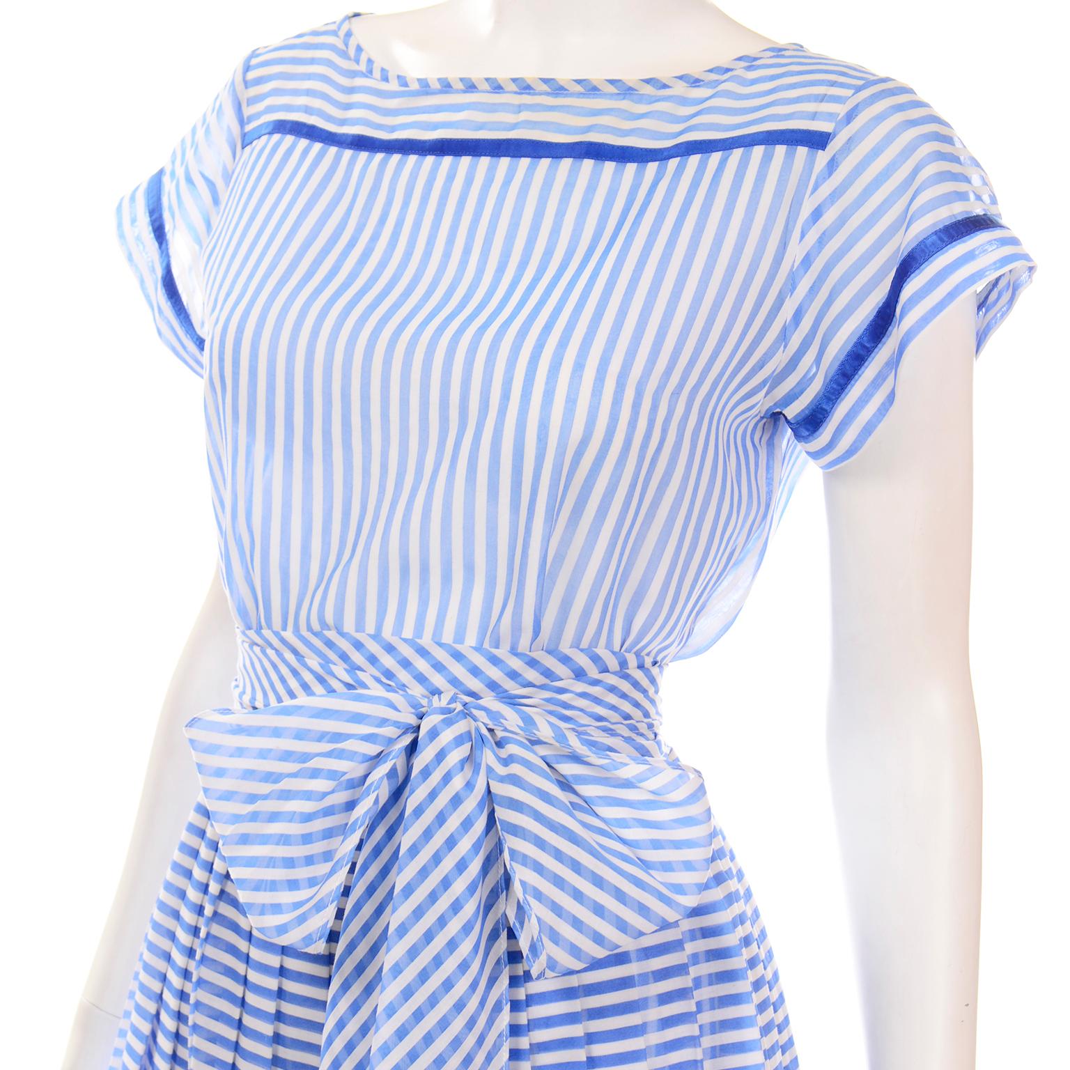Albert Nipon Vintage Blue & White Striped Cotton 2 pc Dress With Sash Belt 1
