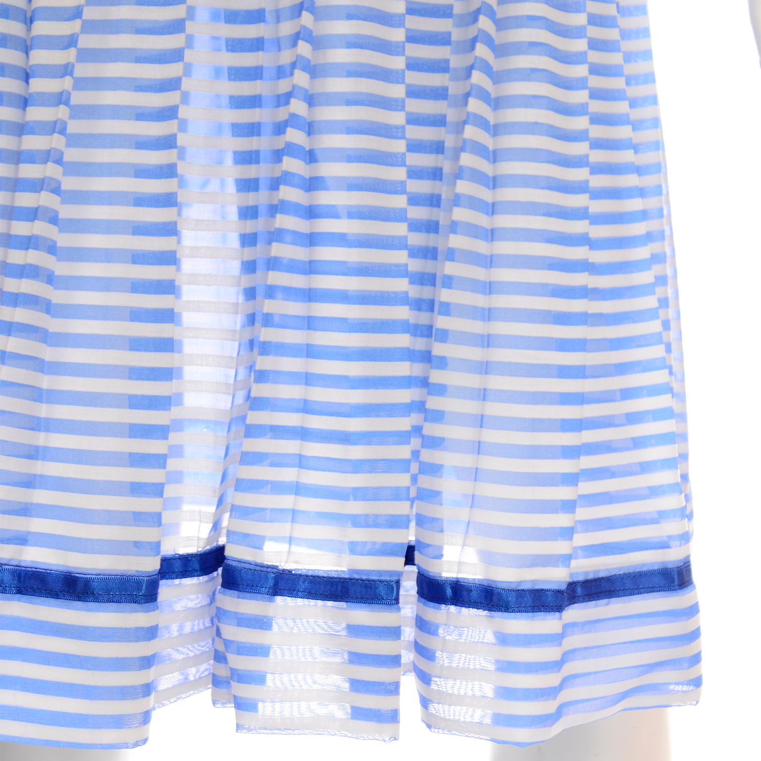 Albert Nipon Vintage Blue & White Striped Cotton 2 pc Dress With Sash Belt 2