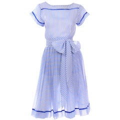 Albert Nipon Retro Blue & White Striped Cotton 2 pc Dress With Sash Belt