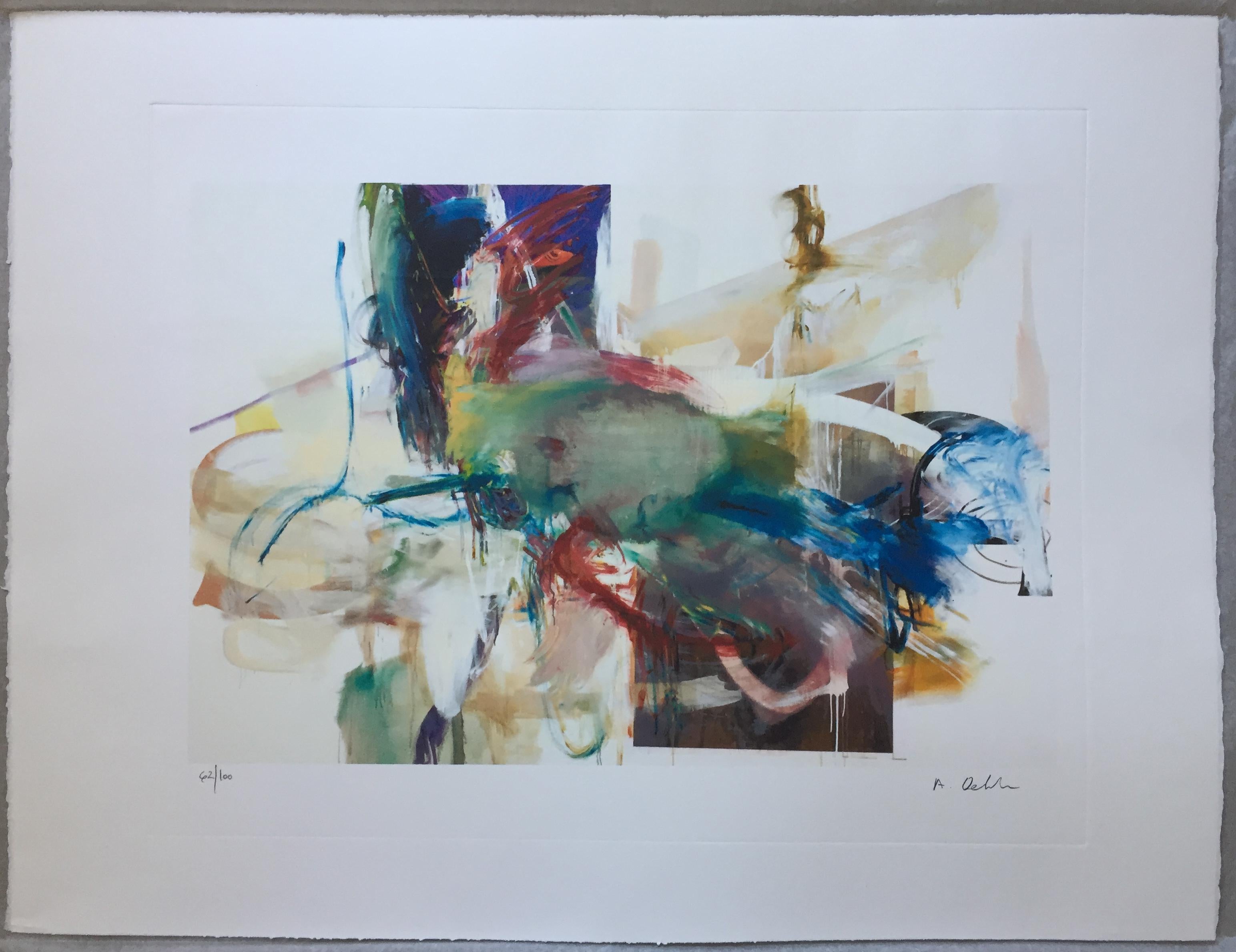 Albert Oehlen (Deutscher, geb. 1954) gehört zur Spitzengruppe der lebenden deutschen Maler. Ich kann es mir nicht leisten, mit seinen Originalgemälden zu handeln, aber als ich diese großartige Lithografie seines jüngsten (und für mich besten) Werks