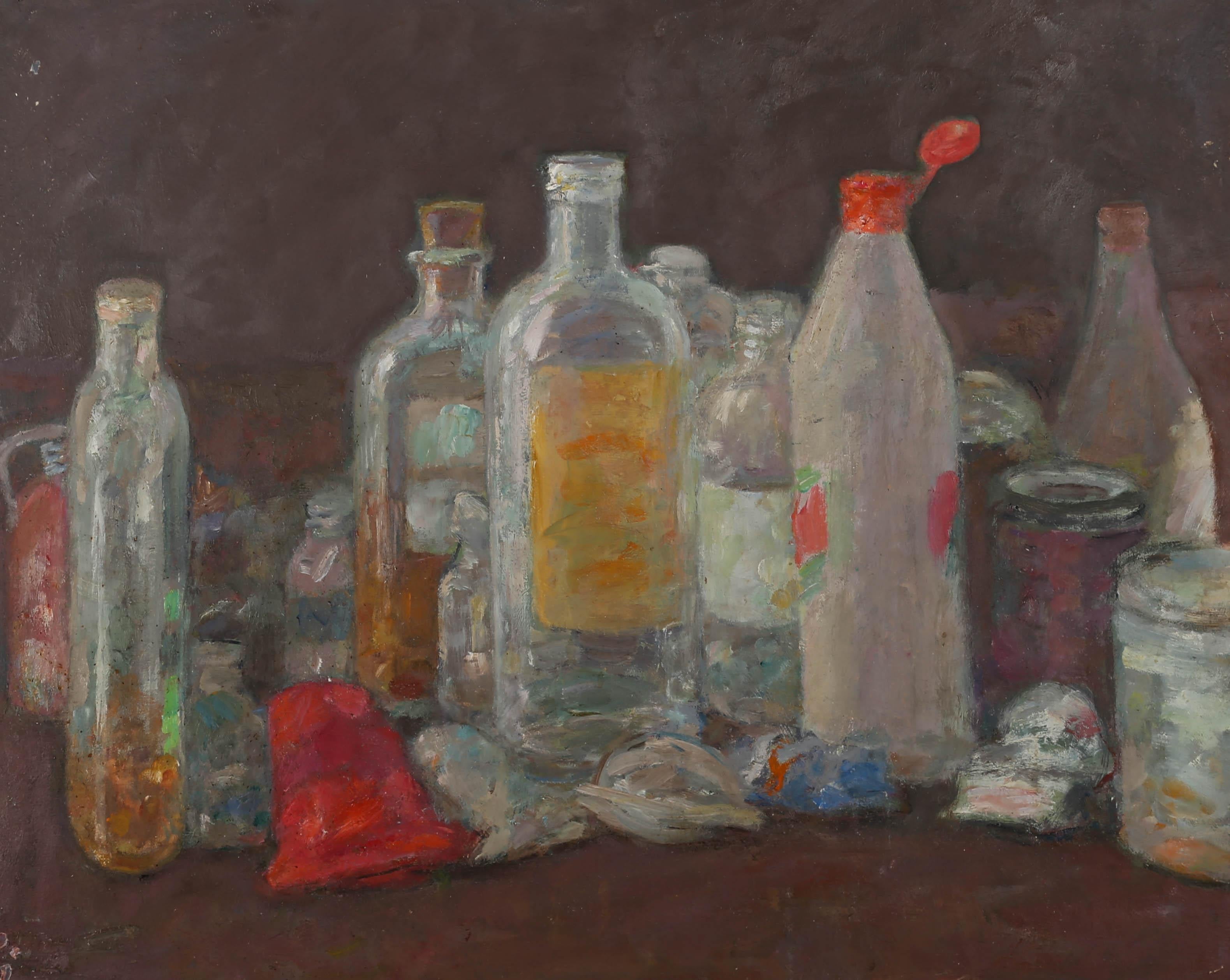 A charming 20th Century still life showing a collection of old bottles. The artist has signed and dated to the reverse. On board.