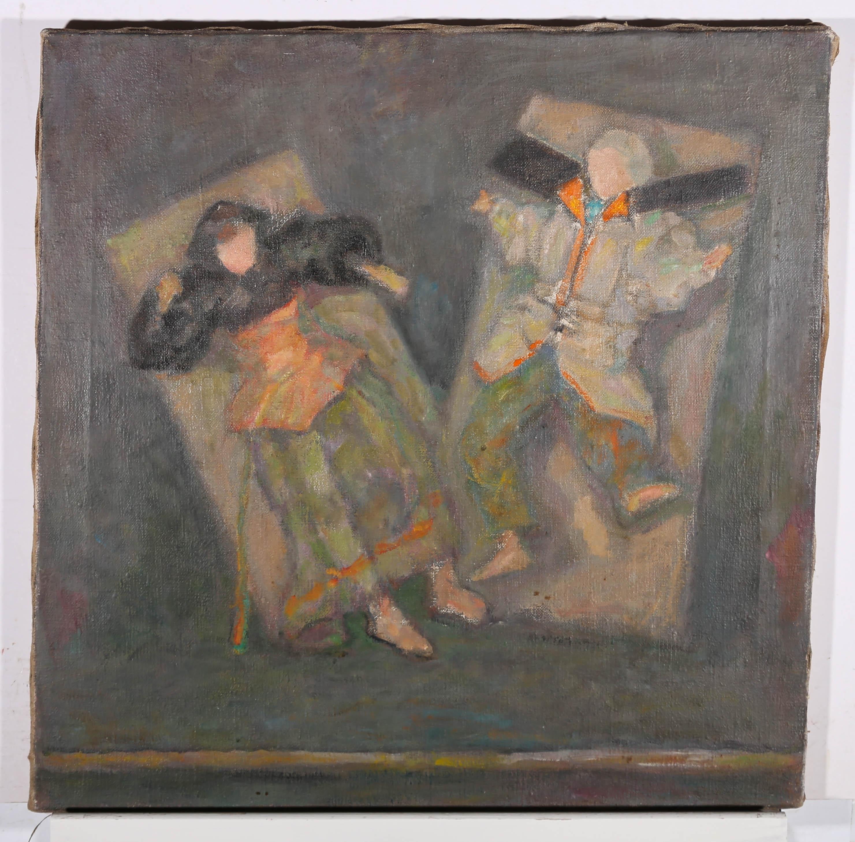 An unusual composition in oil, showing two puppets, lying lifeless on top of their boxes. The artist has used a muted palette and soft brush work to create a simplicity that heightens the unusual composition. The artist has signed, dated and