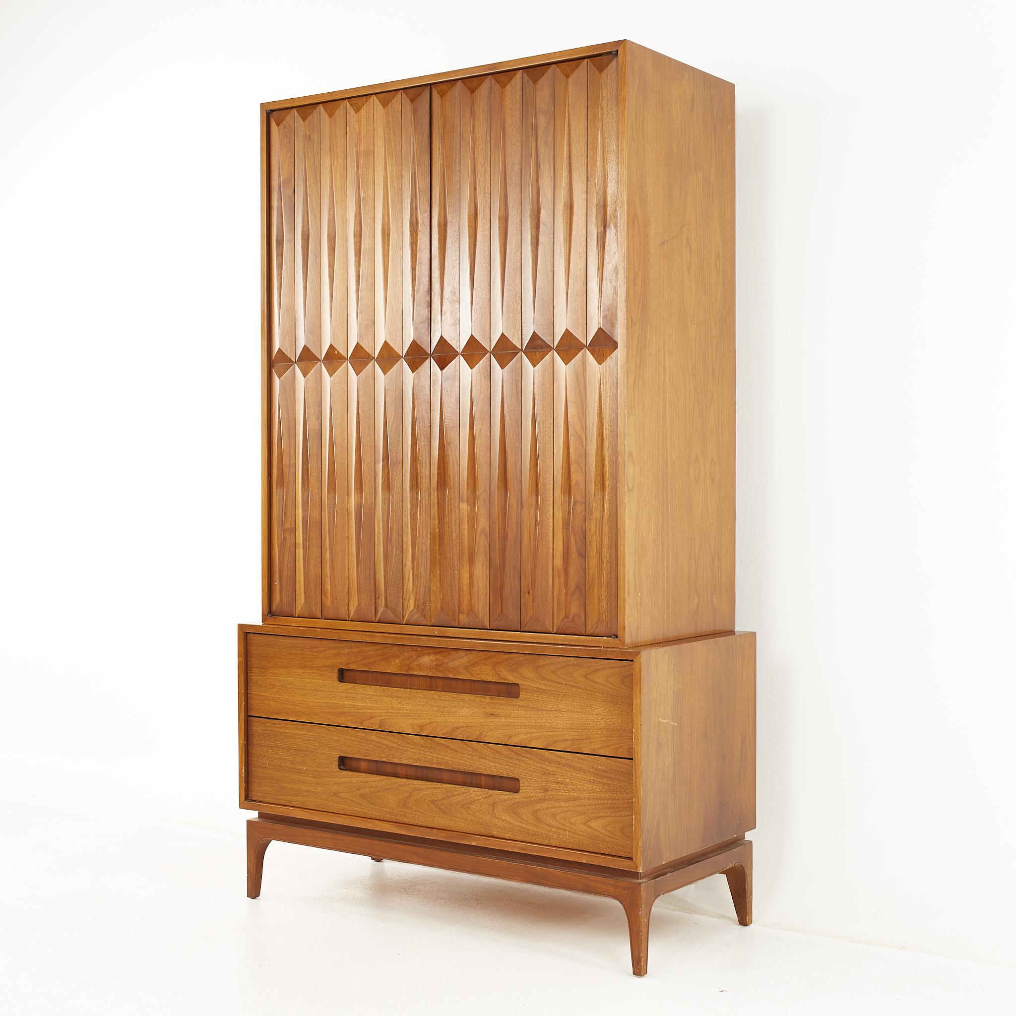 Mid-Century Modern Albert Parvin American Martinsville Style MCM Diamond Walnut Armoire Highboy