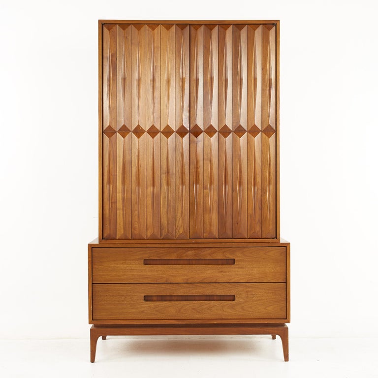 Albert Parvin for American of Martinsville Style Mid Century Diamond Walnut Armoire Highboy Dresser

This dresser measures: 41.5 wide x 19 deep x 70.75 inches high

All pieces of furniture can be had in what we call restored vintage condition. That