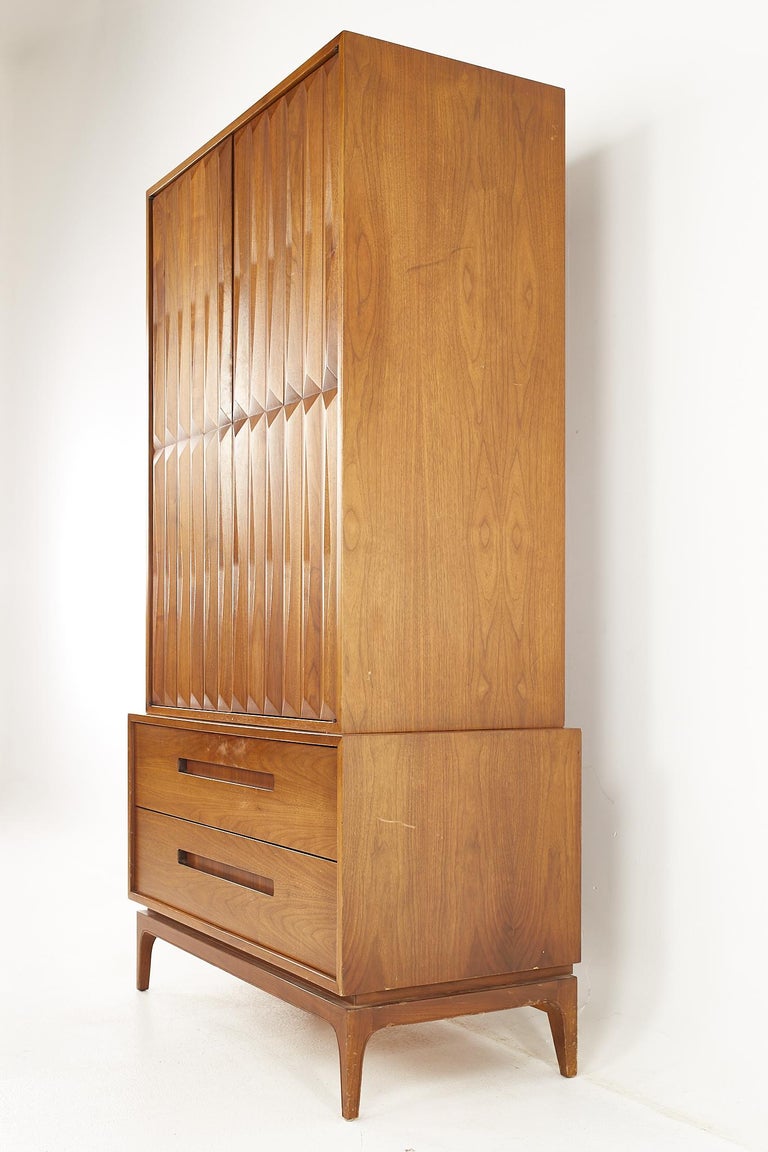 Late 20th Century Albert Parvin American of Martinsville Style MCM Diamond Walnut Armoire Highboy For Sale