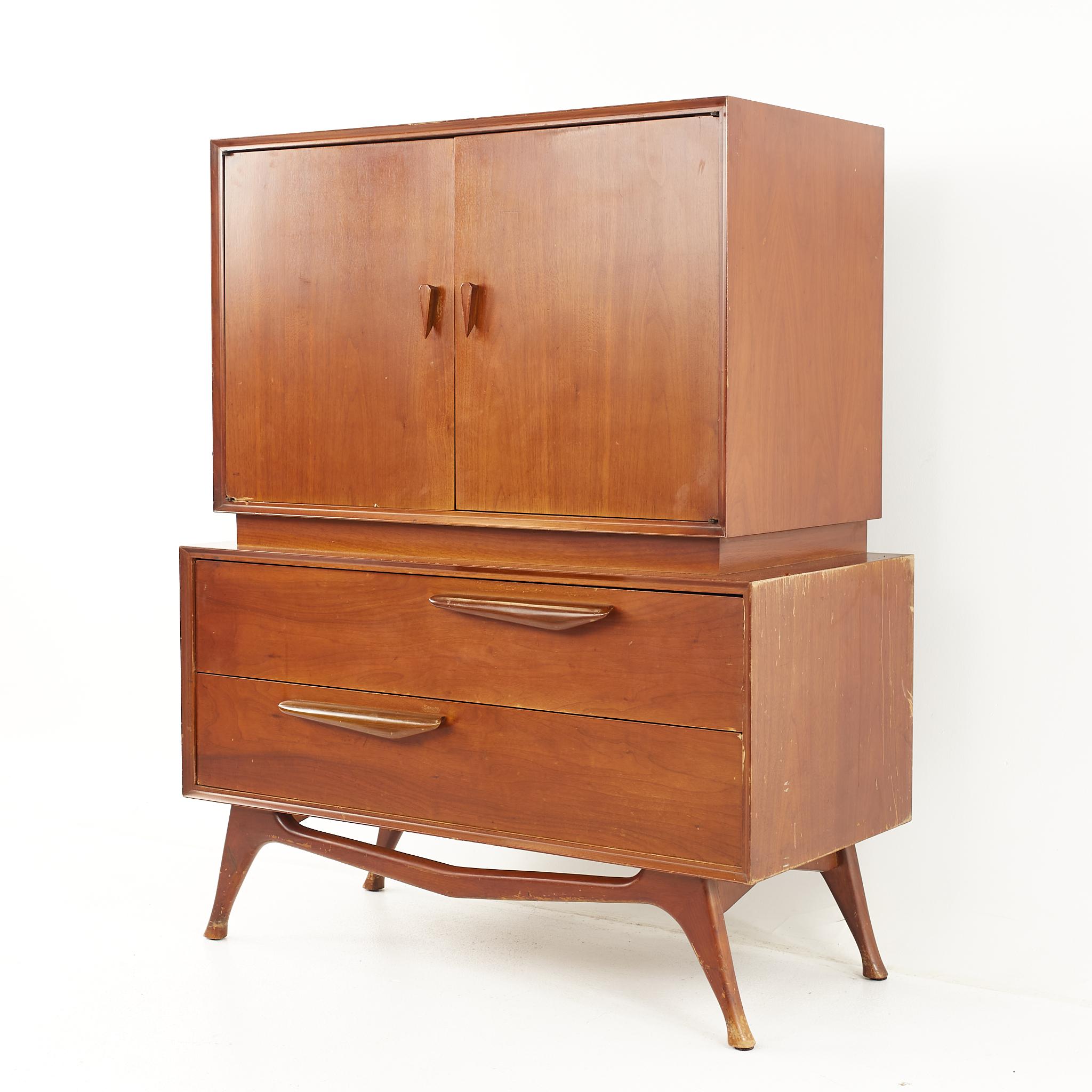 American Albert Parvin Style Mid Century Walnut Gentlemans Highboy Dresser For Sale