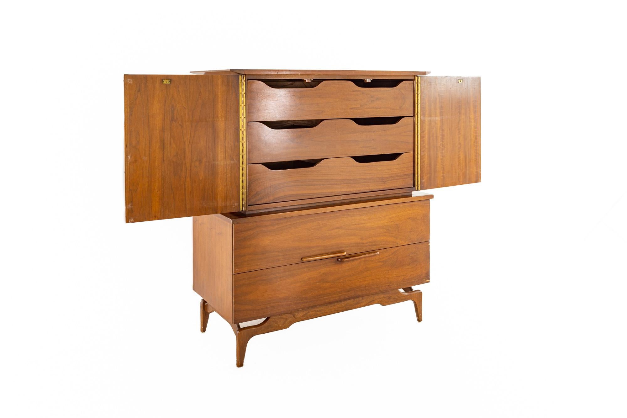 American Albert Parvin Style Mid Century Walnut Highboy Dresser For Sale