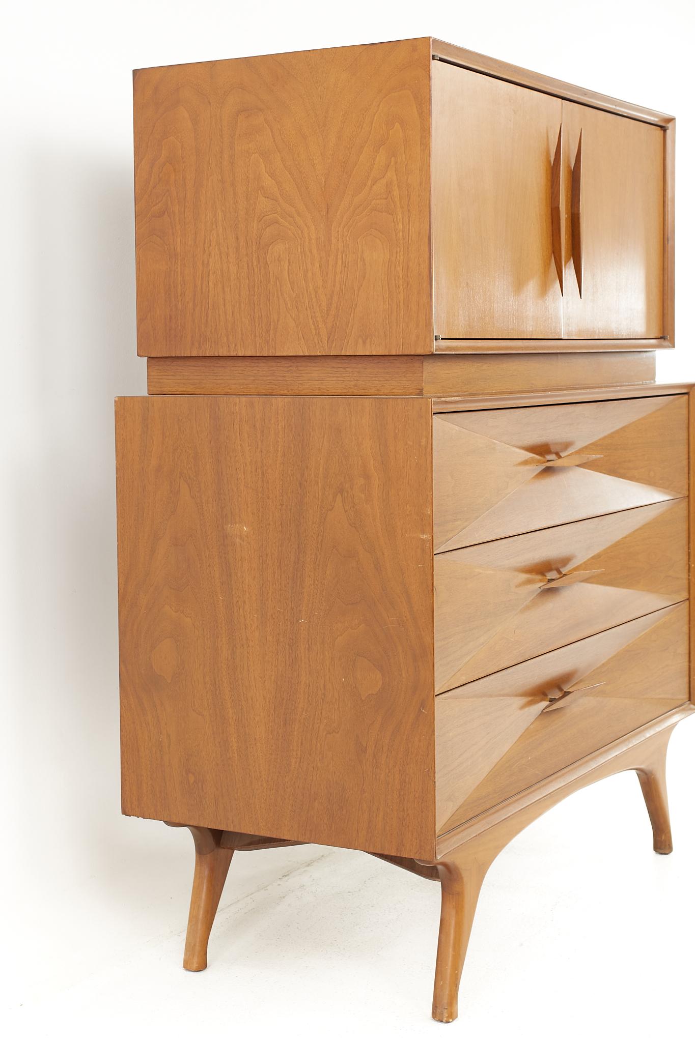 American Albert Parvin Style Roma Mid Century Sculpted Walnut Highboy Dresser