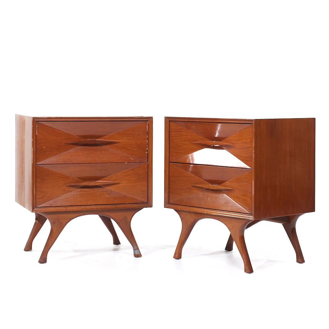 Mid-Century Modern Albert Parvin Style Roma Mid Century Sculpted Walnut Nightstands - Pair For Sale
