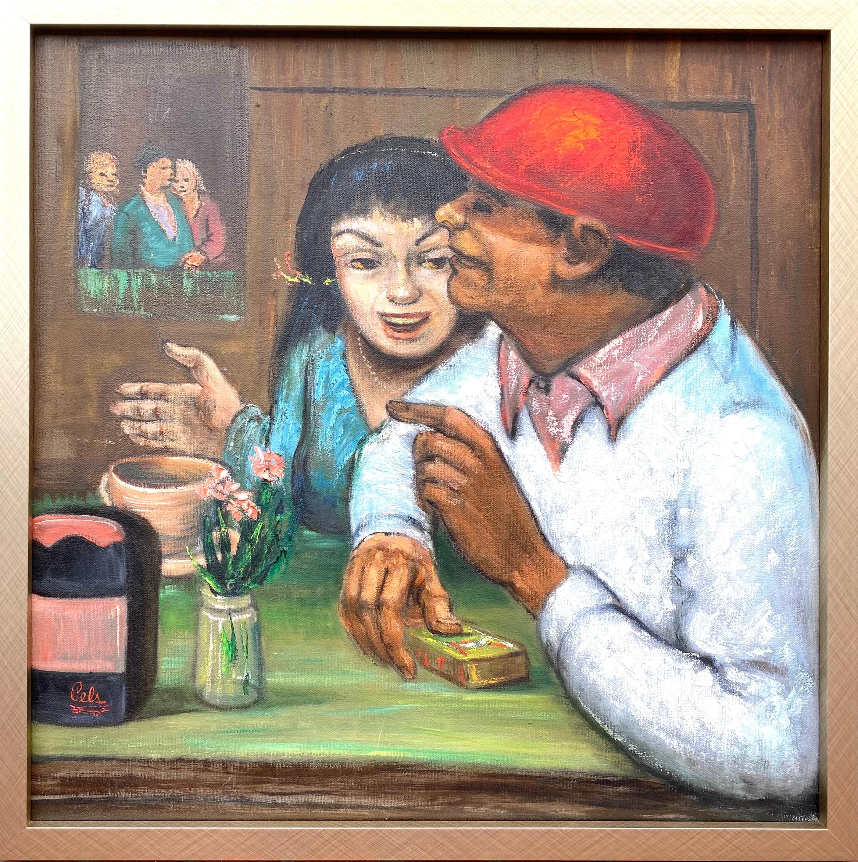 Original oil on canvas painting of a figurative interior scene by the American artist, Albert Pels.  Signed lower right.  Circa 1980. Condition is excellent.  The painting is housed in a one inch wide new gold leaf gallery frame. Overall framed
