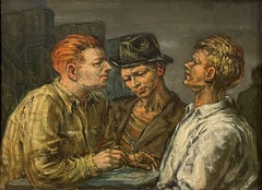 Vintage "Three Engineers, " Albert Pels, Men at Table with Compass, WPA, American Realism