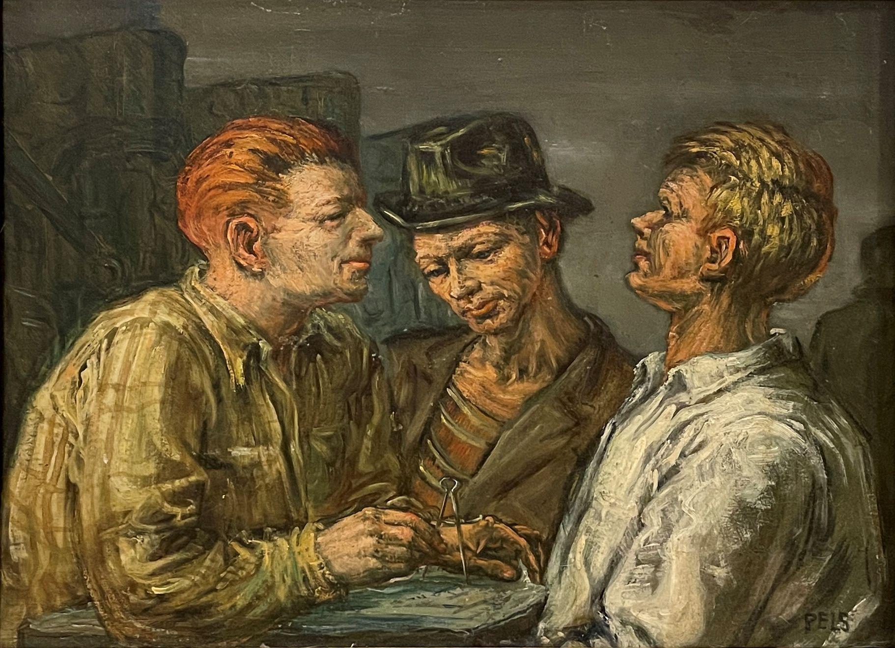 Albert Pels (1910 - 1998)
Three Engineers, circa 1935
Oil on board
10 x 13 1/2 inches
Signed lower right

Albert Pels was an art educator and painter of figures, genre scenes, urban and rural images, and illustration.  He also did murals and worked