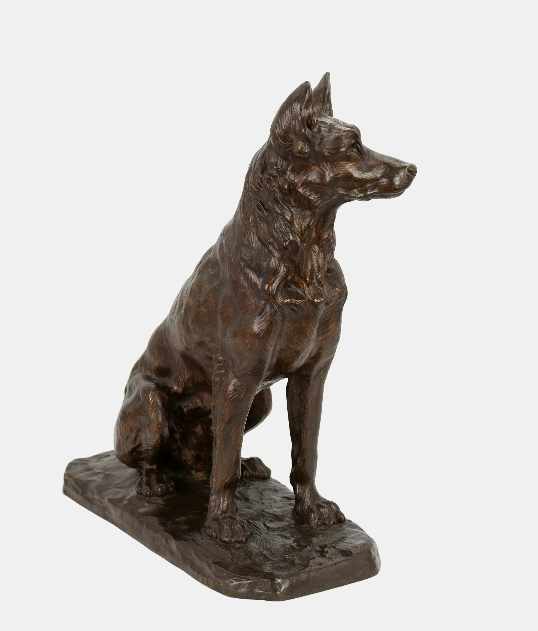Albert Pierre LaPlanche (1854 Sainte-Menehould - 1935 Chäteau-Thierry), Perro pastor sentado vigilante, hacia 1915. Bronce patinado marrón sobre zócalo de terracota fundida. 45 cm (alto) x 45 cm (largo) x 18 cm (ancho), peso 13,4 kg. Firmado