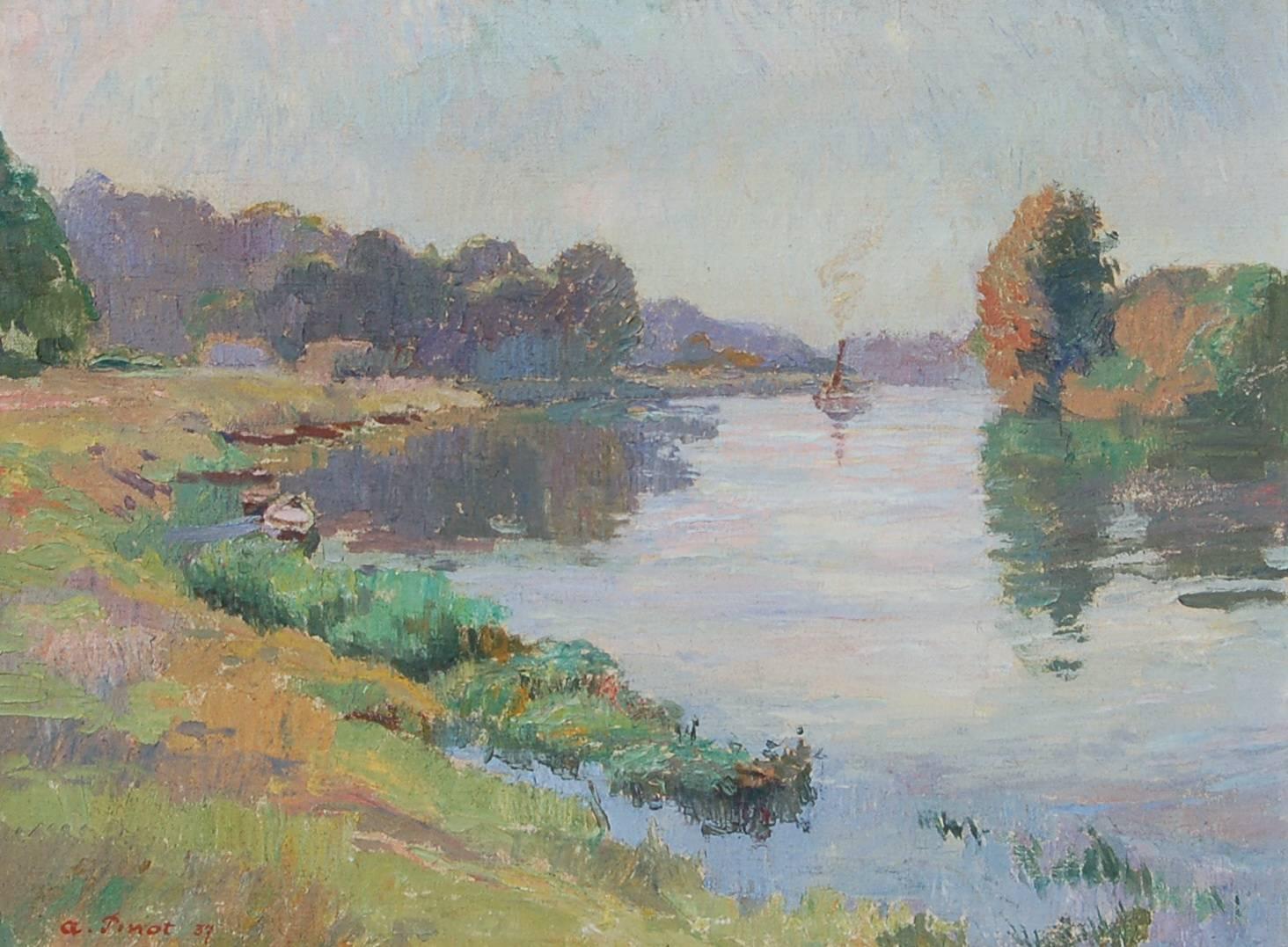 River Landscape - Painting by Albert Pinot