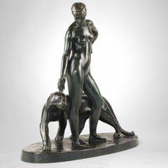 Woman and Panther - Bronze by Albert Poncin (1877-1954), Art Deco influence