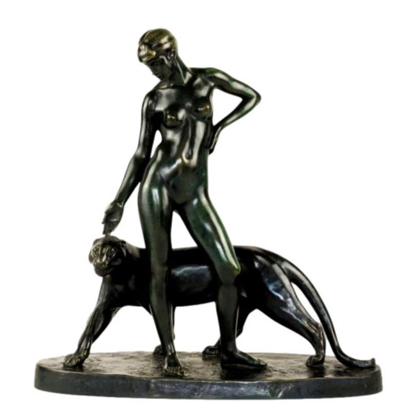 Mujer y pantera - Bronce de Albert Poncin (1877-1954), influencia Art Déco