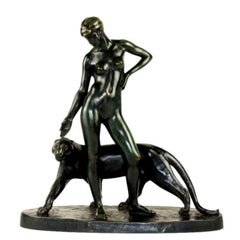 Mujer y pantera - Bronce de Albert Poncin (1877-1954), influencia Art Déco