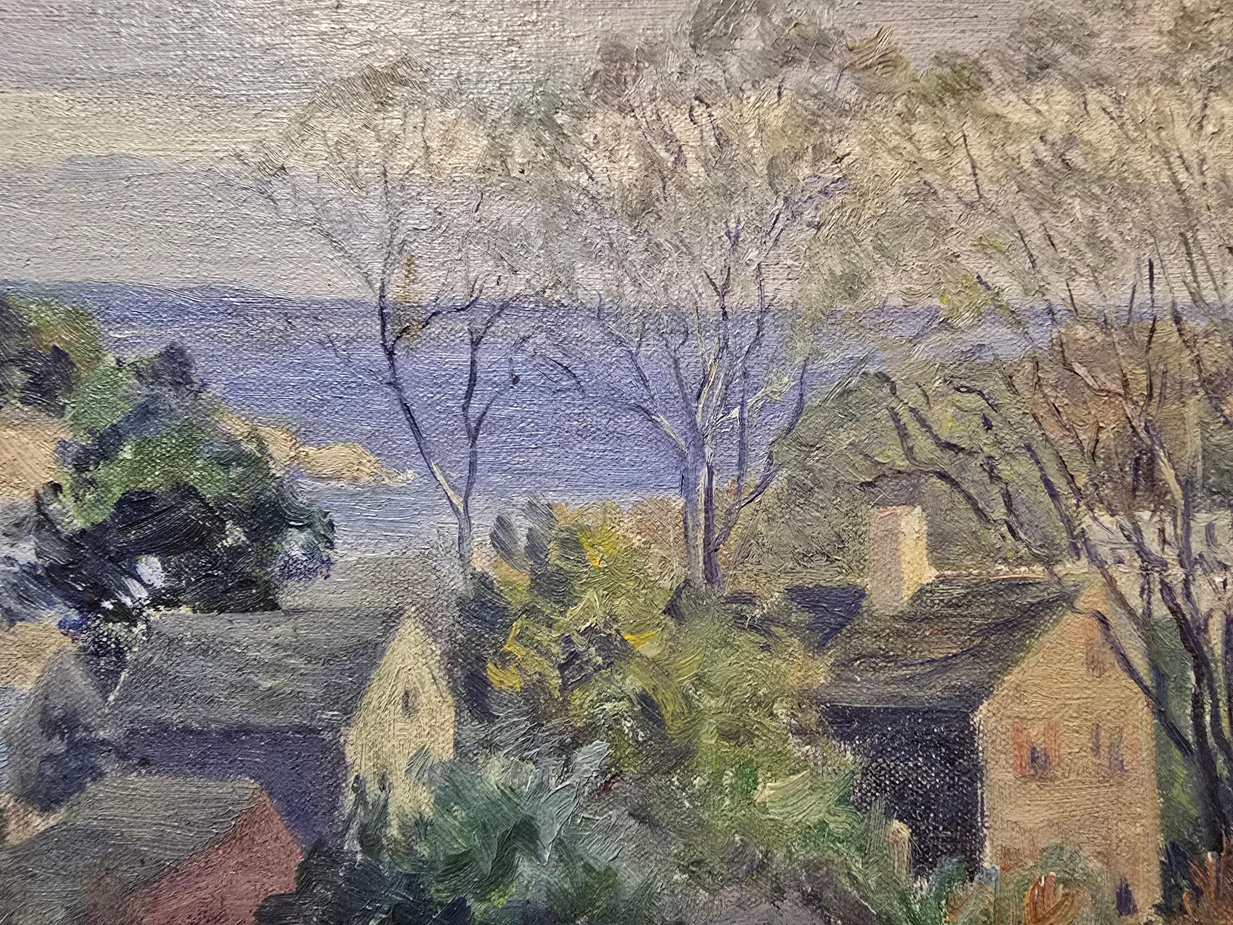 Dorf am Meer (Grau), Landscape Painting, von Albert Prentice Button