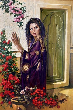 Óleo sobre lienzo - Joven vestida con chilaba morada.