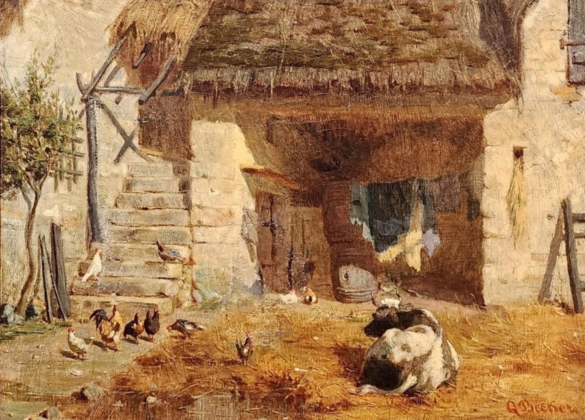 In The Barnyard, Late 19th Century Farm Scene, Cows, Chickens - Painting by Albert Q. Becker