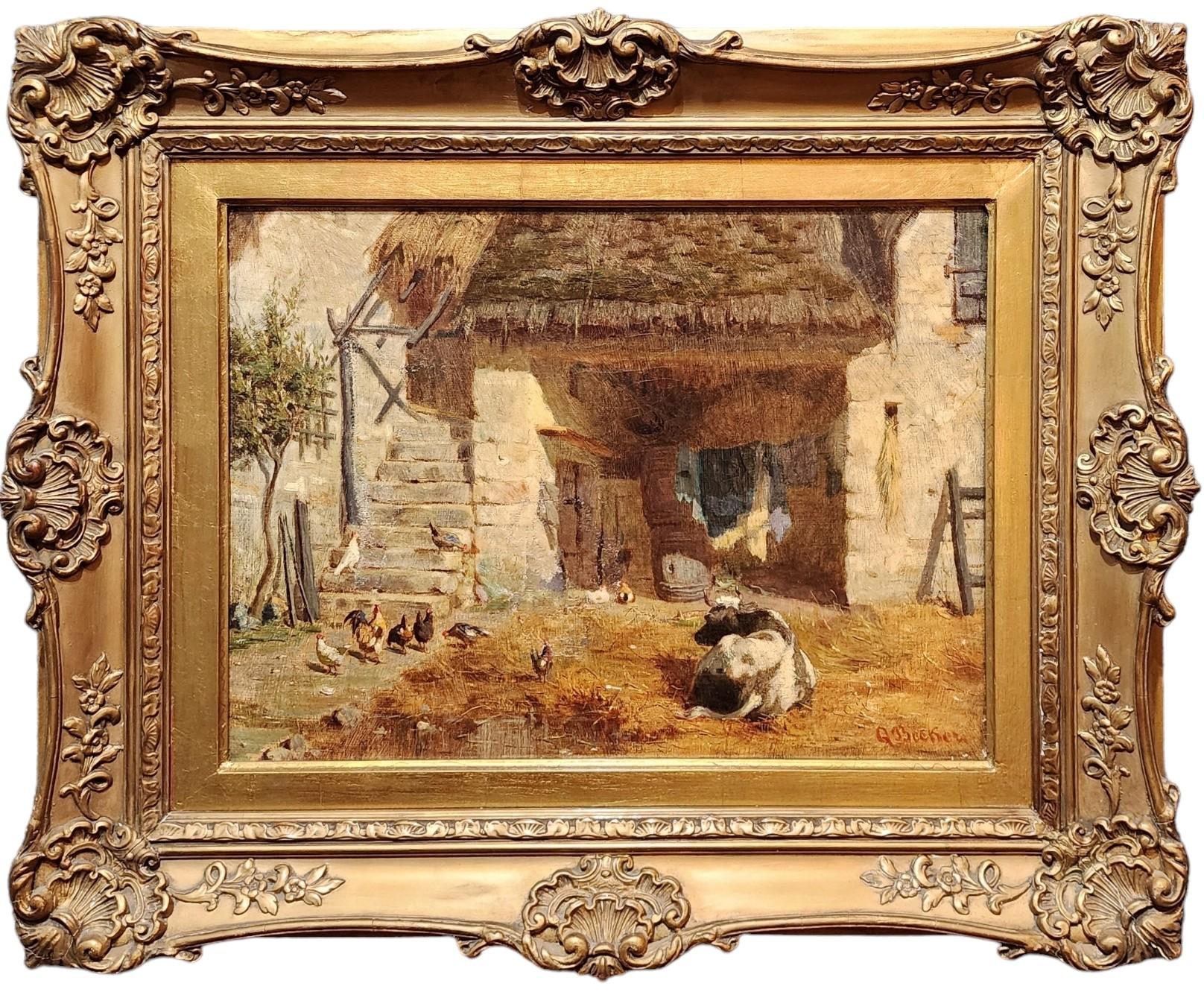 Albert Q. Becker Animal Painting – In The Barnyard, Bauernhofszene des späten 19. Jahrhunderts, Kühe, Hühner