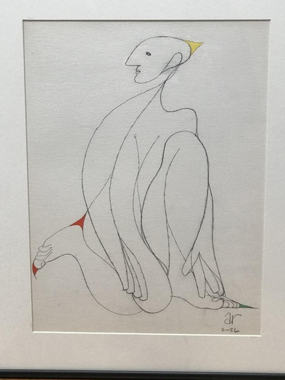 A single-line drawing featuring an odd man sitting by Albert Radoczy. Signed and dated 1956.
Part of a study of 3 but can be sold individually.

Albert Radoczy was a master at exploring the female form. Throughout his career, his drawings and