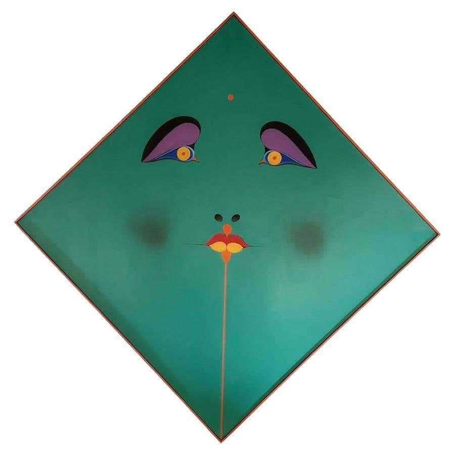 Ein von Albert Radoczy diagonal gemaltes grünes Gesicht in einem rot gebeizten dünnen Holzrahmen.
Viele seiner Gemälde, vor allem die von Gesichtszügen mit fast festem Hintergrund, passen so gut zueinander. Ich würde behaupten, dass man mehrere