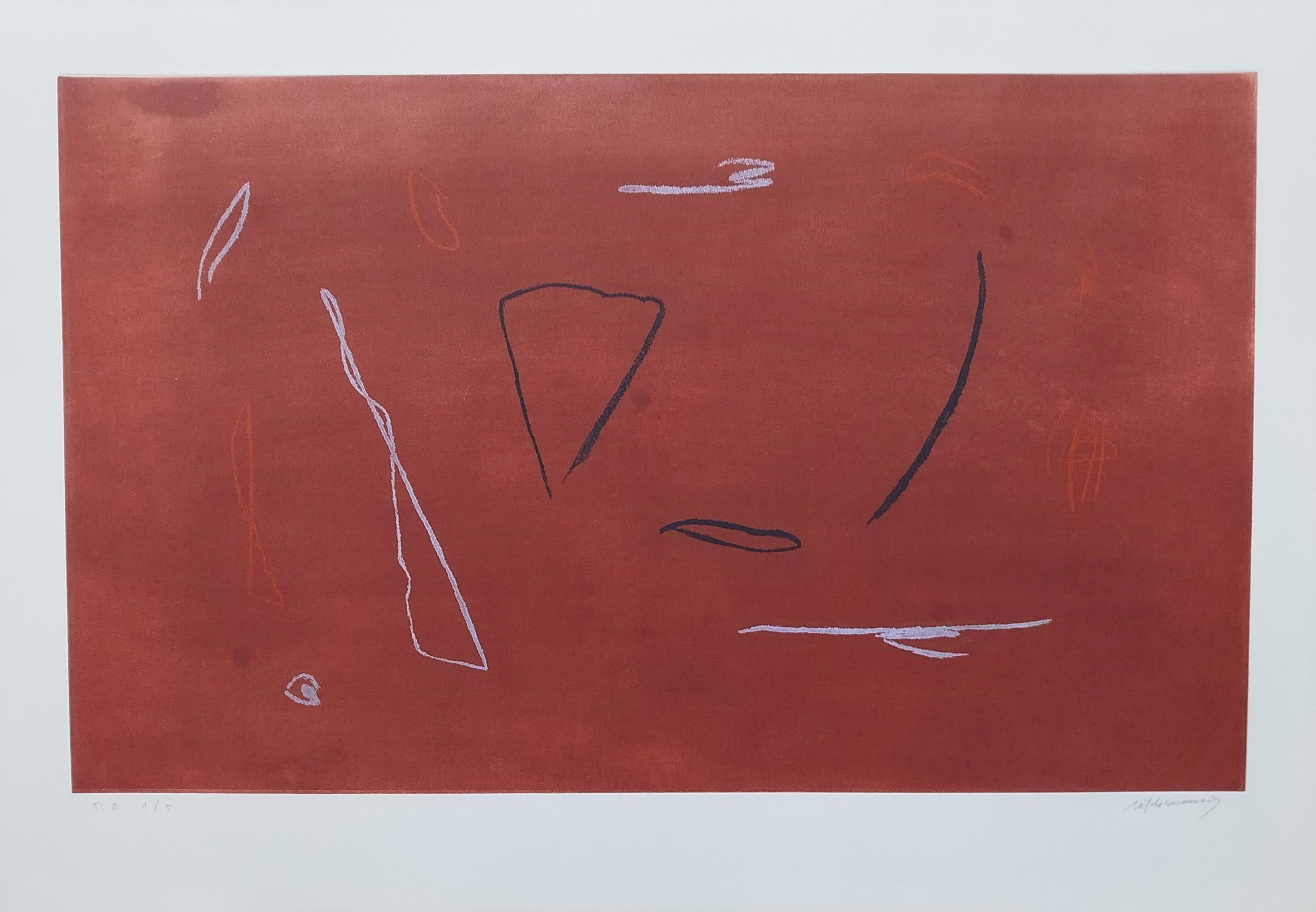 Rafols Casamada 42 rojo  resumen de la litografía original  pintura - Abstract Print Marrón de Albert Rafols Casamada
