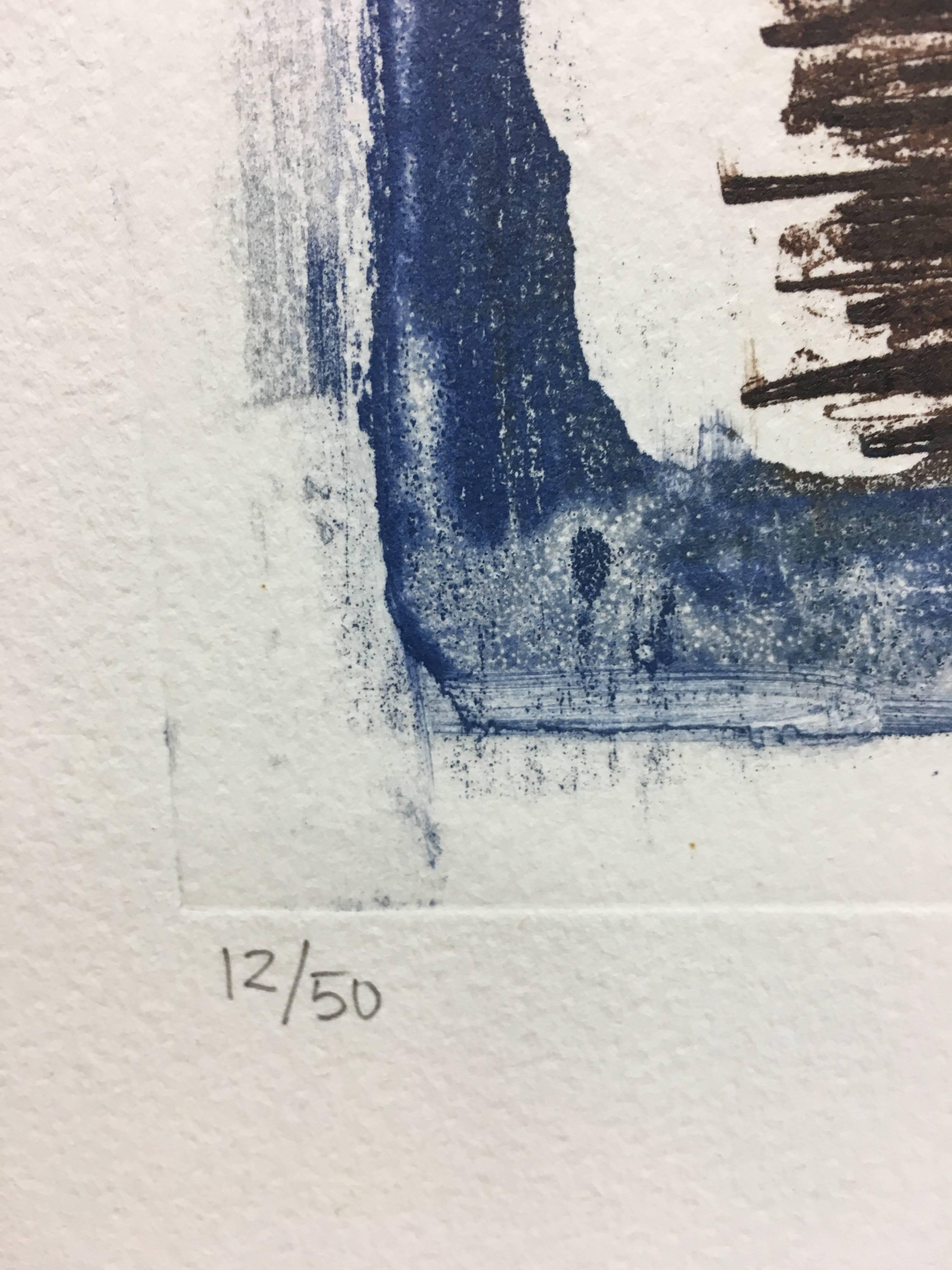 Rafols Casamada  Little  Blue  original litograph abstract  painting - Gray Abstract Print by Albert Rafols Casamada