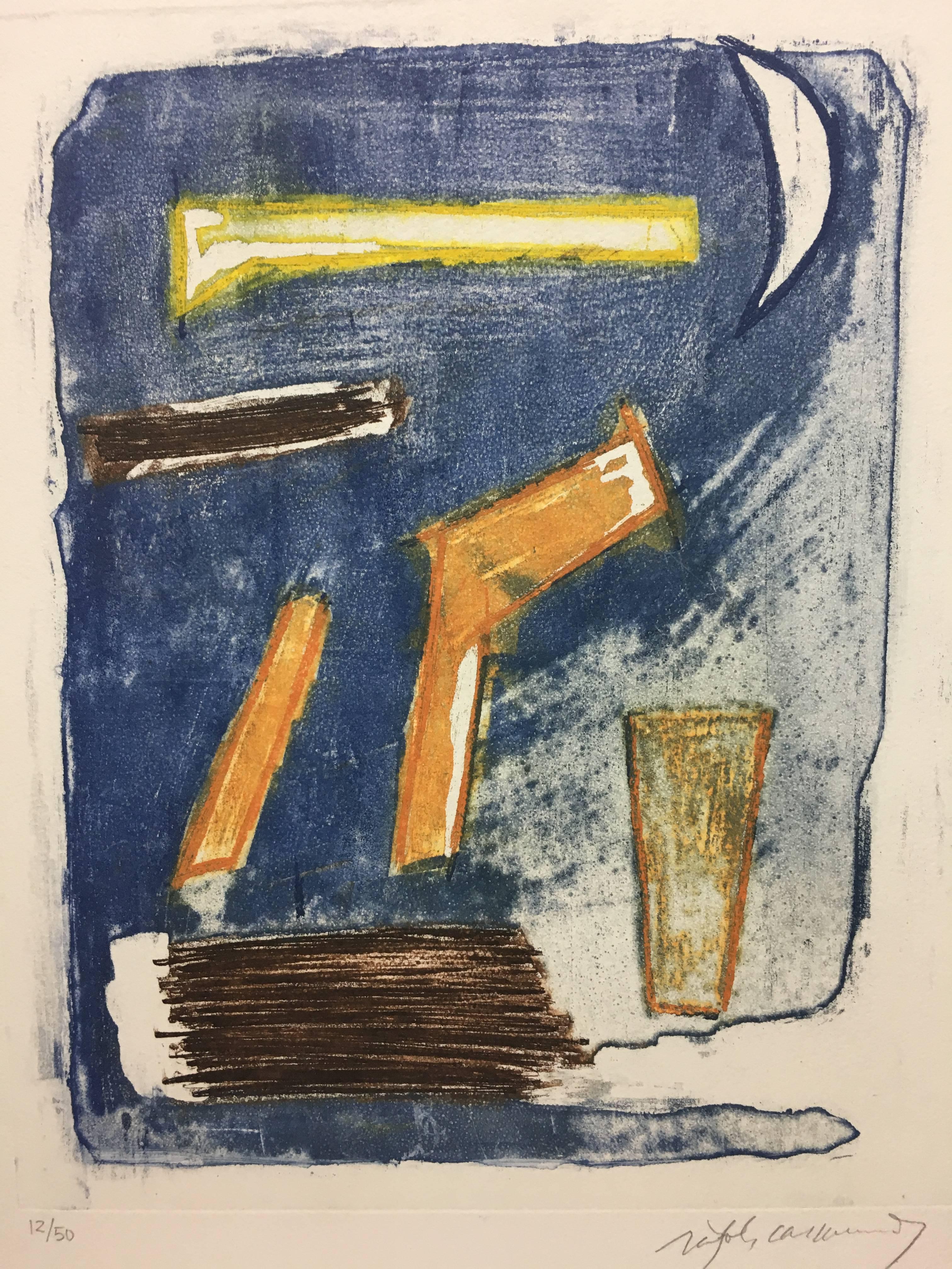 Blue- original litograph abstract limited edition painting
Original graphic work by CASAMADA.
Limited edition engraving. 50 copies
Signed and numbered in pencil.
framed

RÀFOLS CASAMADA, Albert (Barcelona, 1923-2009). 
Painter and graphic artist,