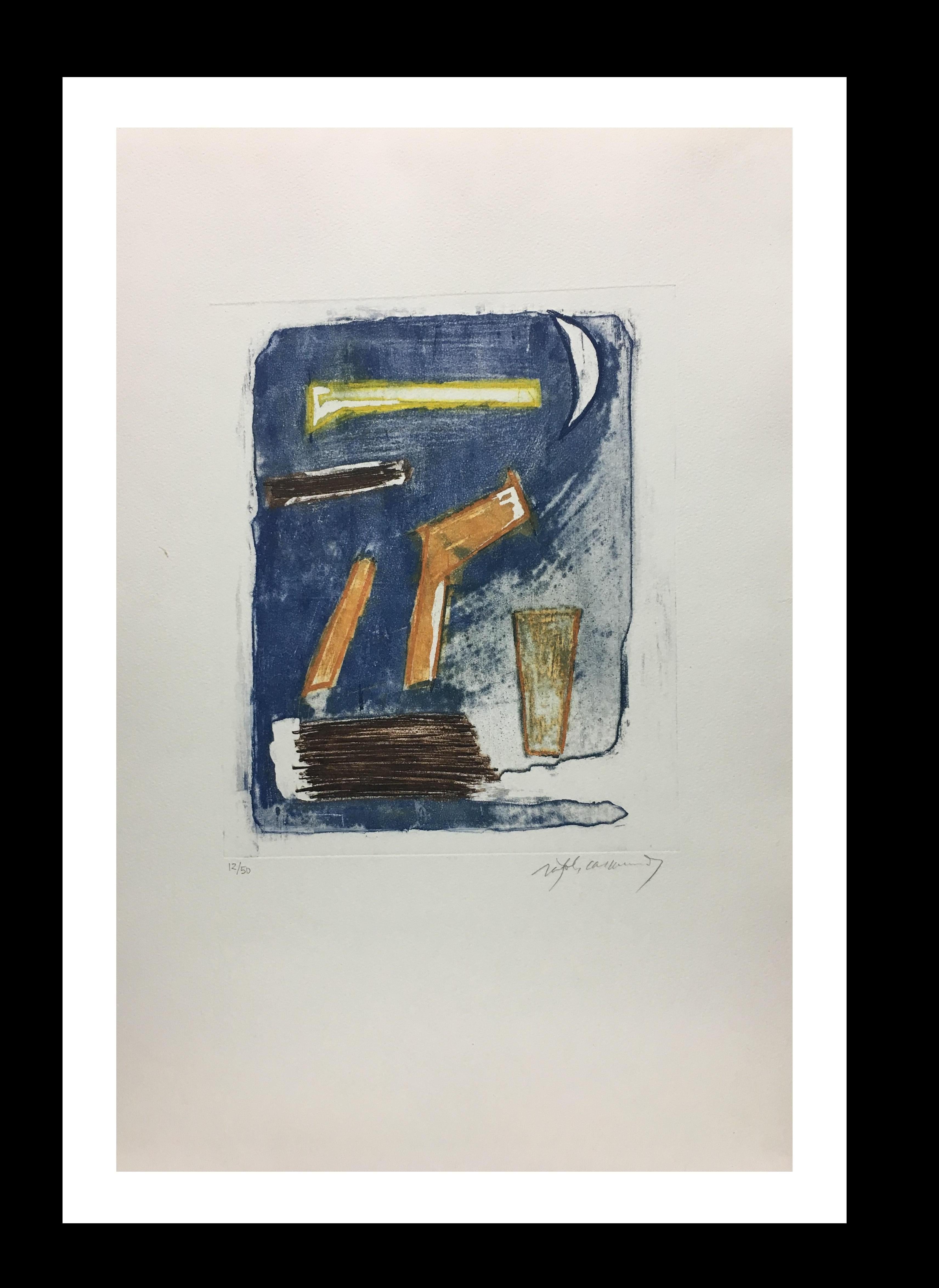 Albert Rafols Casamada Abstract Print - Rafols Casamada  Little  Blue  original litograph abstract  painting
