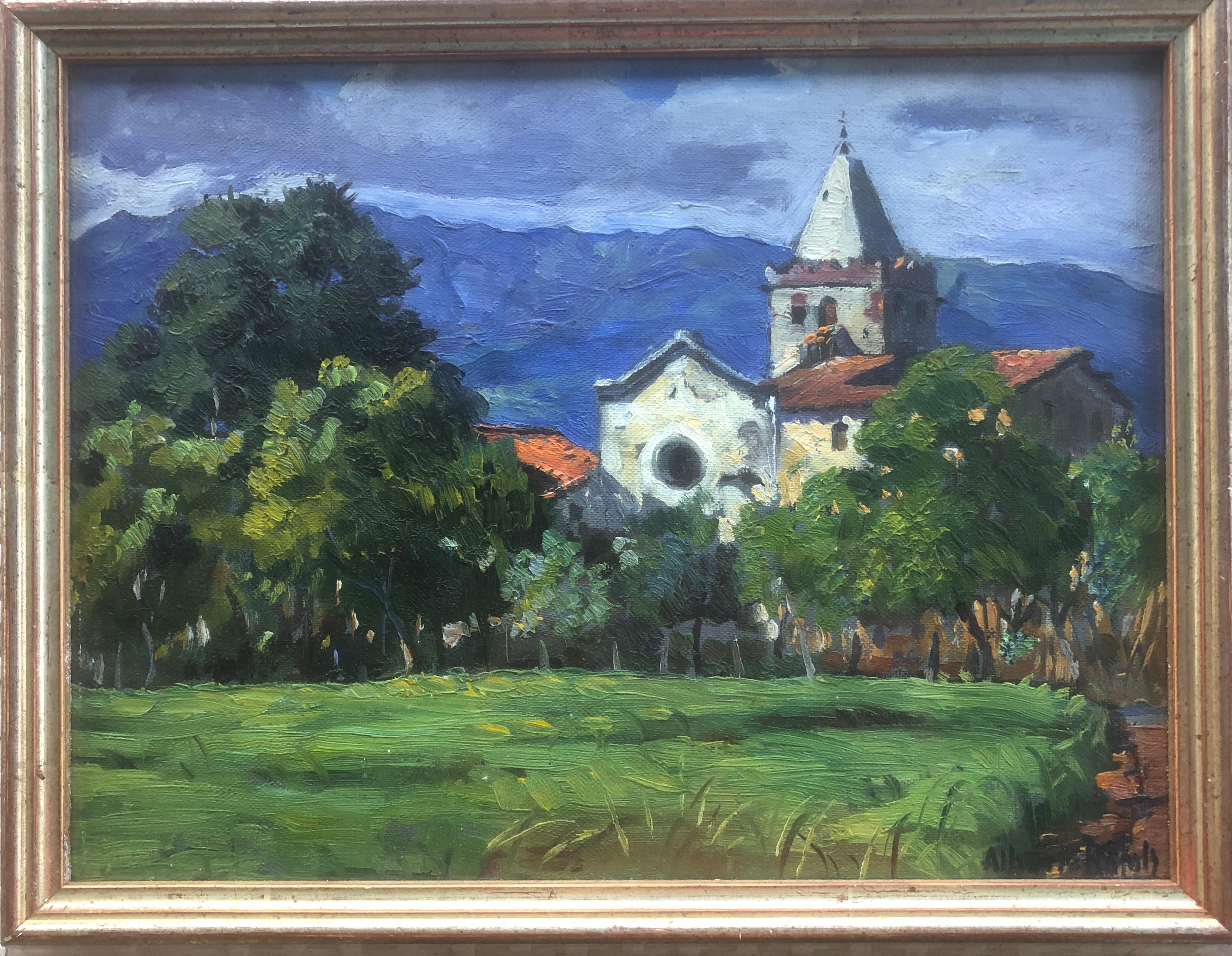 Paesaggio spagnolo con chiesa Spagna dipinto originale olio su tavola - Painting di Albert Rafols Culleres