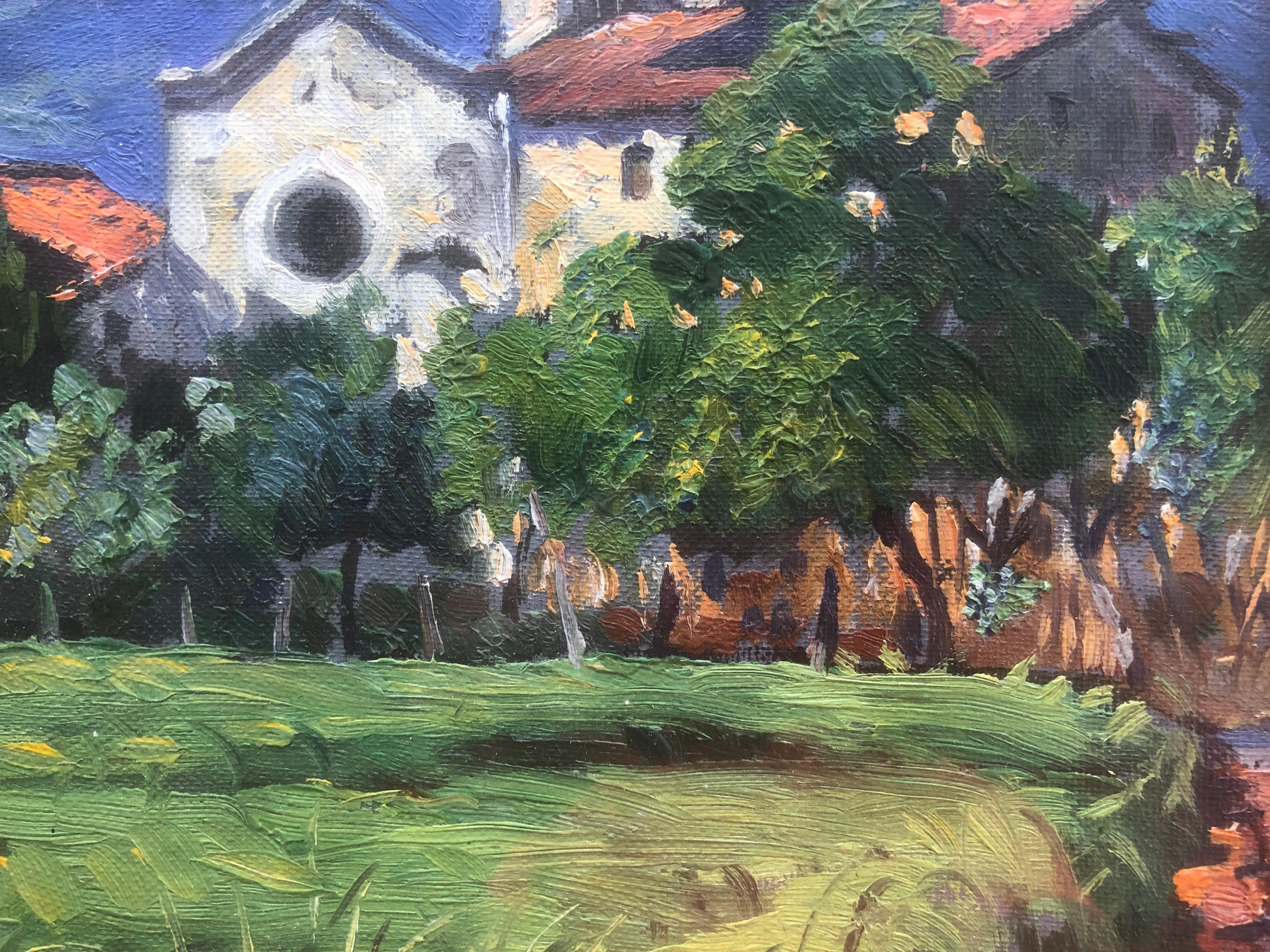 Paesaggio spagnolo con chiesa Spagna dipinto originale olio su tavola - Landscape Painting Nero di Albert Rafols Culleres