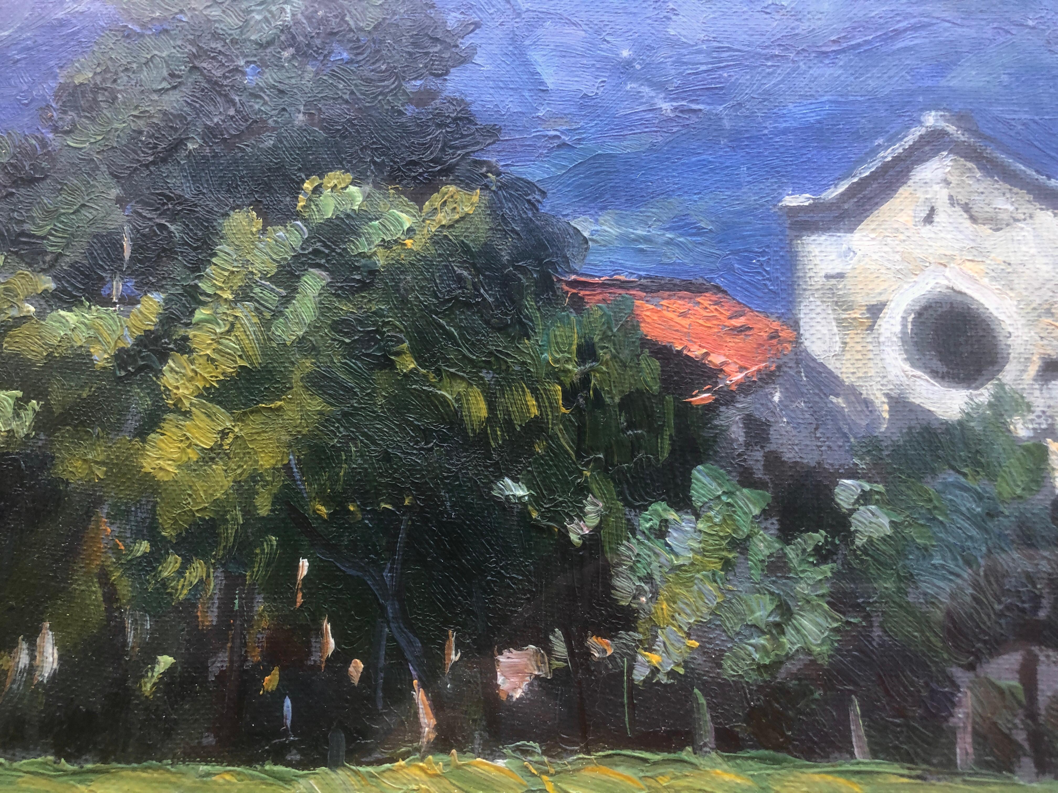 Paesaggio spagnolo con chiesa Spagna dipinto originale olio su tavola in vendita 1