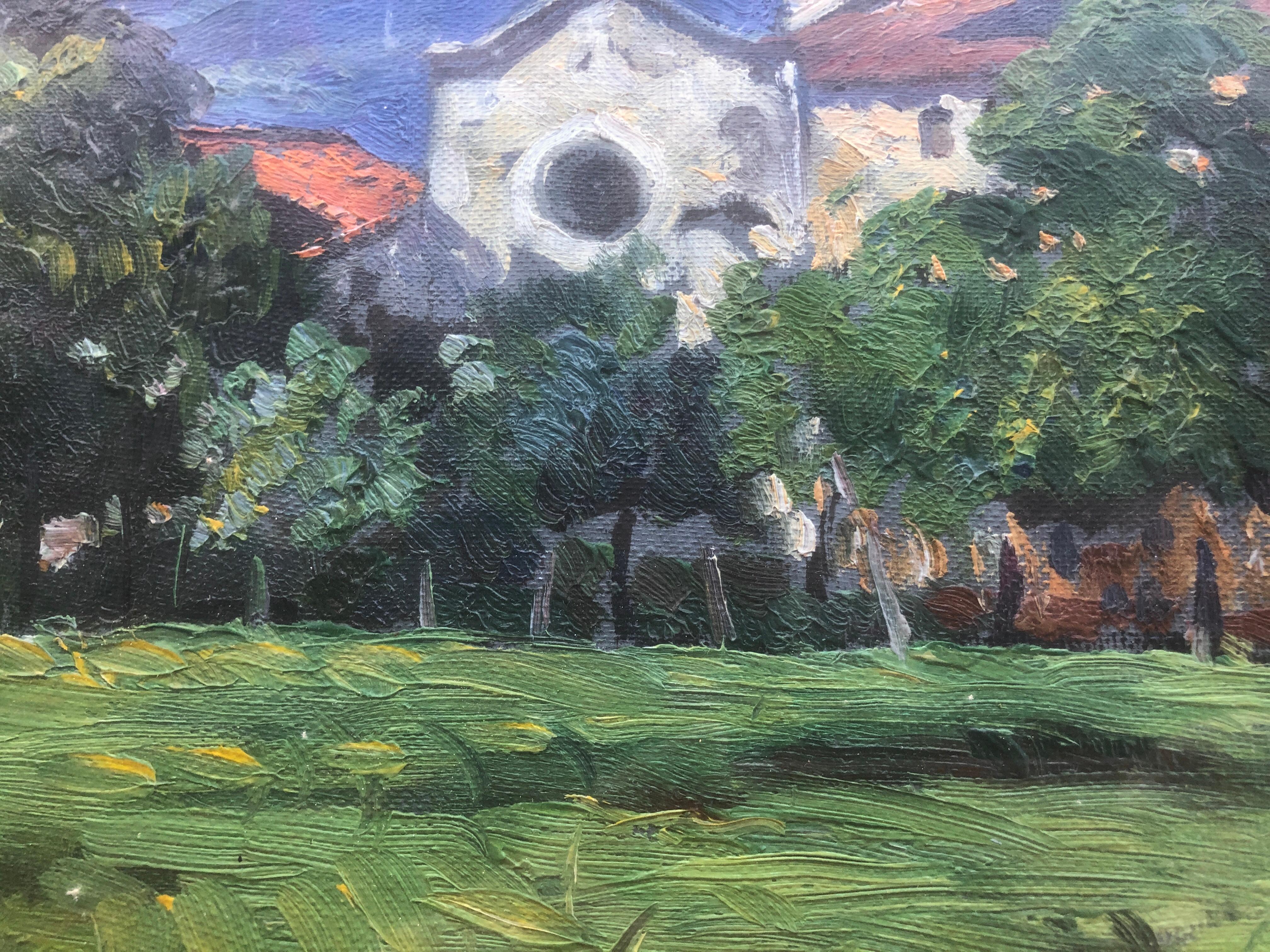 Paesaggio spagnolo con chiesa Spagna dipinto originale olio su tavola in vendita 2