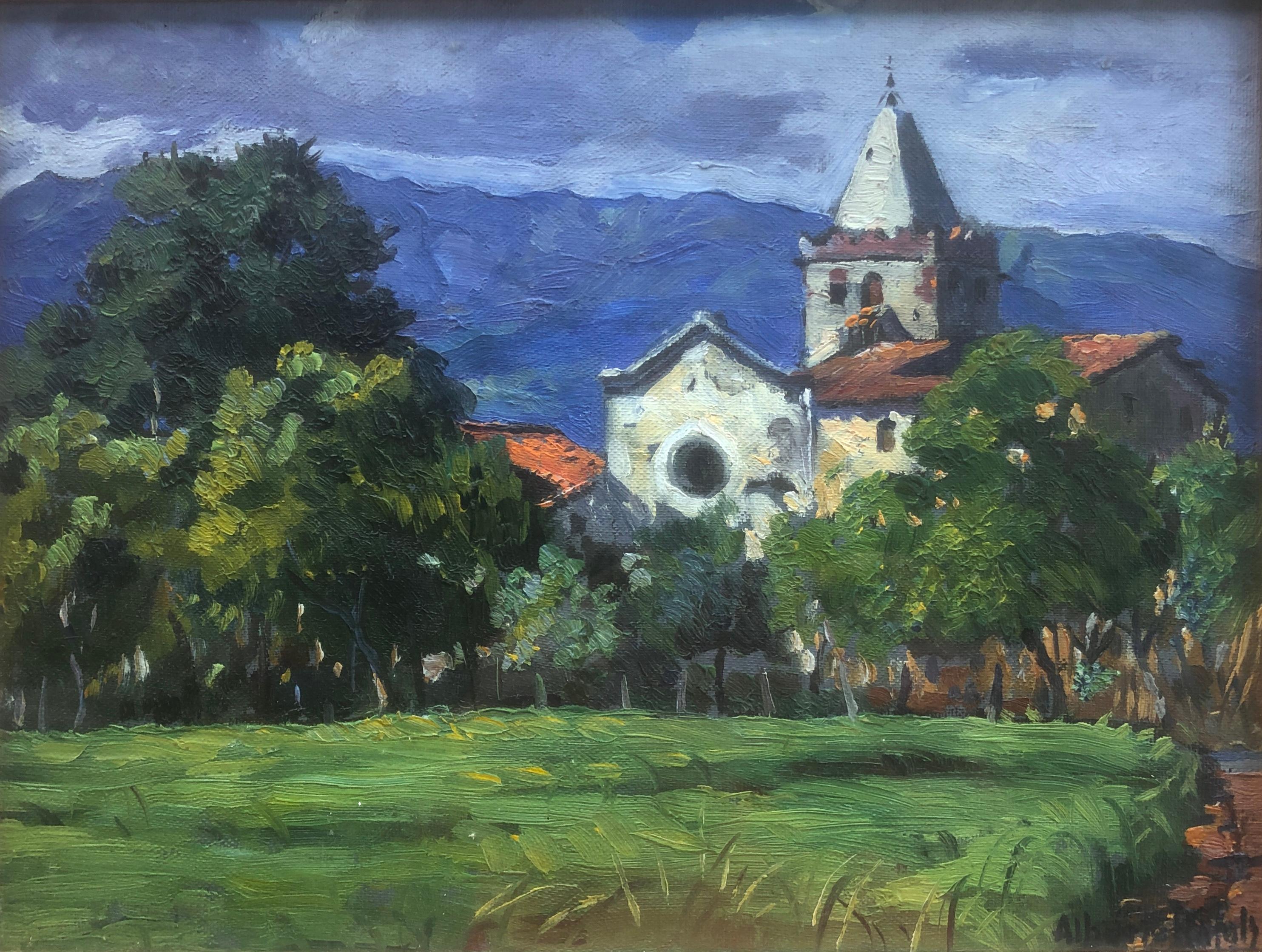 Landscape Painting di Albert Rafols Culleres - Paesaggio spagnolo con chiesa Spagna dipinto originale olio su tavola
